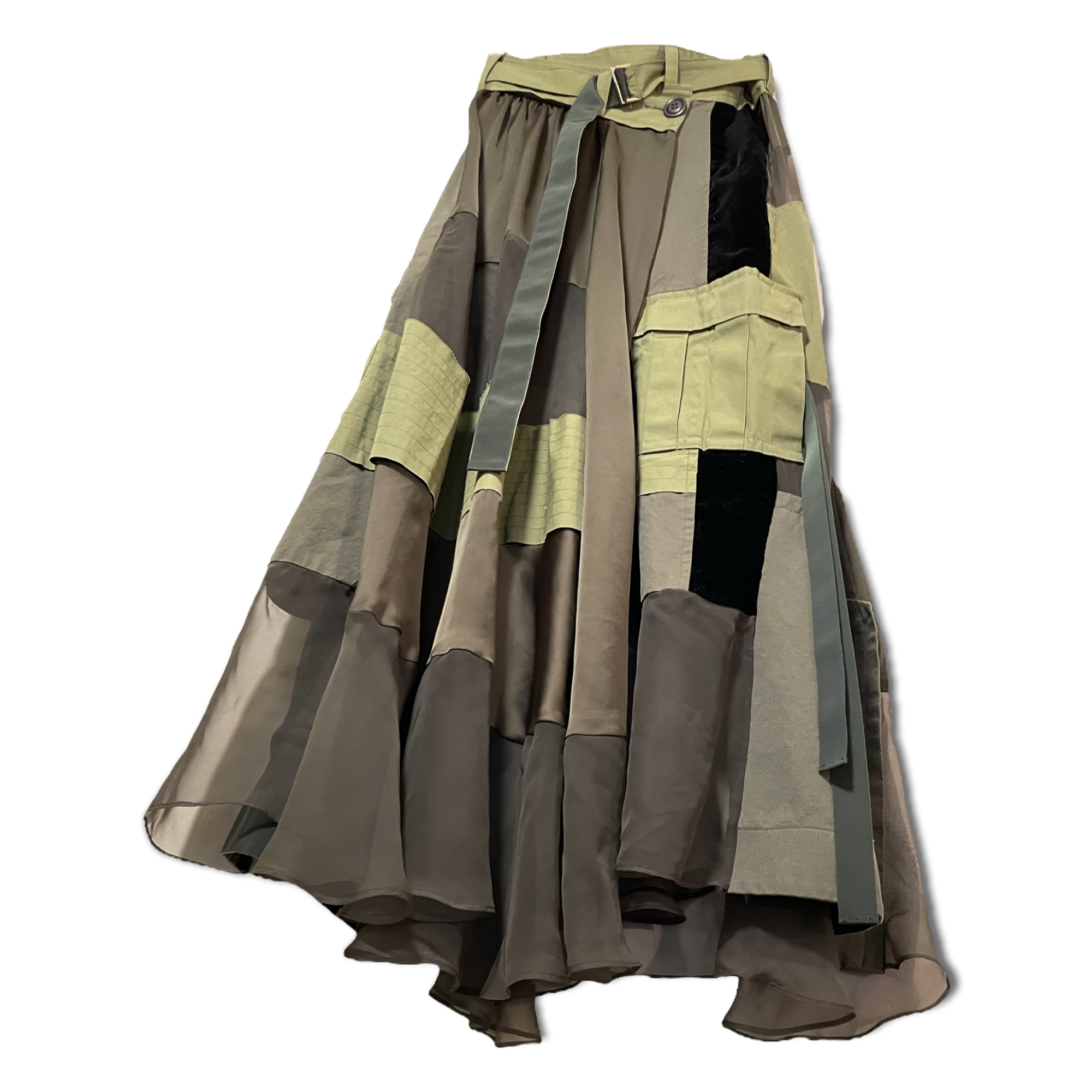 Sacai Paneled Asymmetric Satin, Velvet, Twill And Chiffon Wrap Maxi Skirt