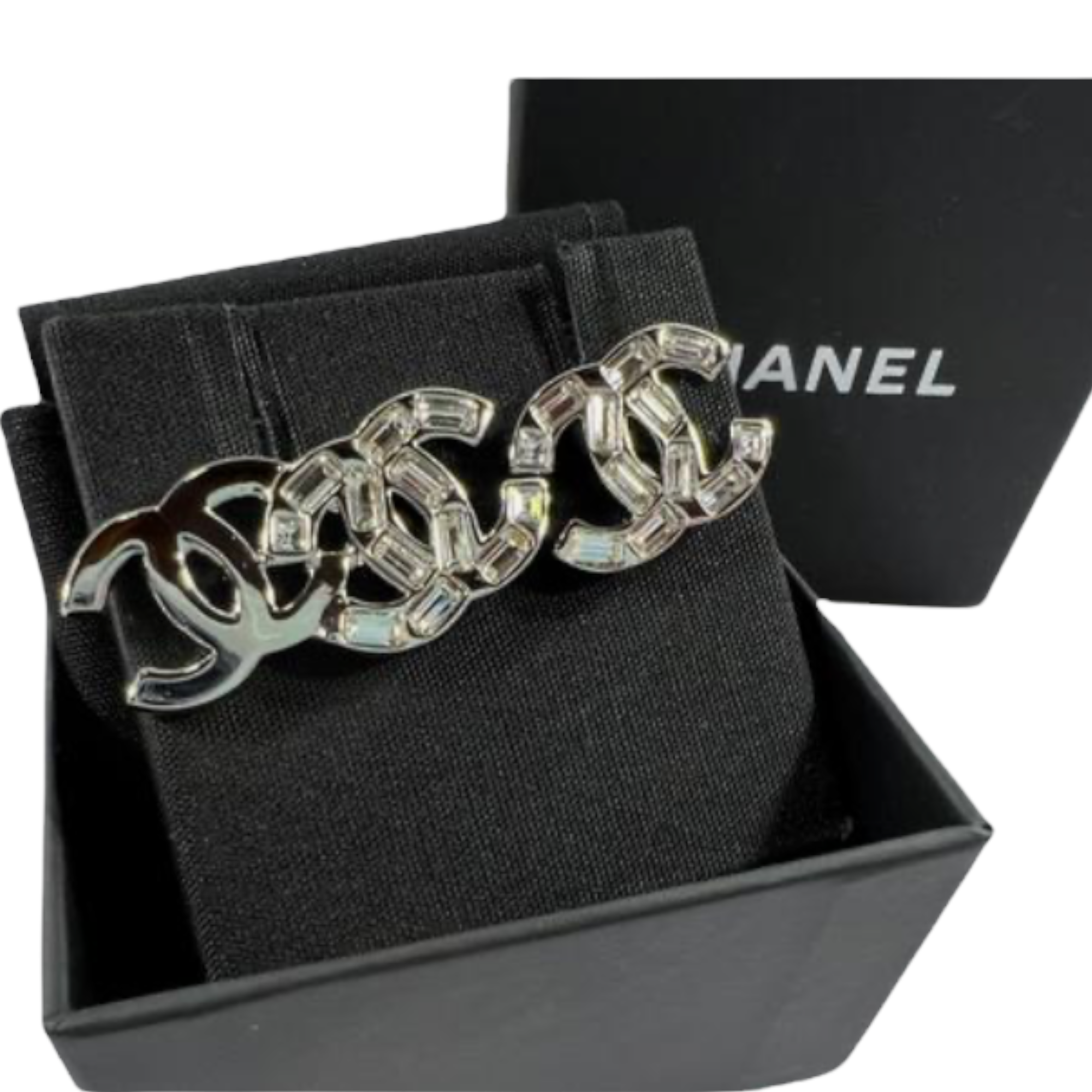 Chanel Silver interlocking CC Logo and Baguette Crystal Stud Earrings