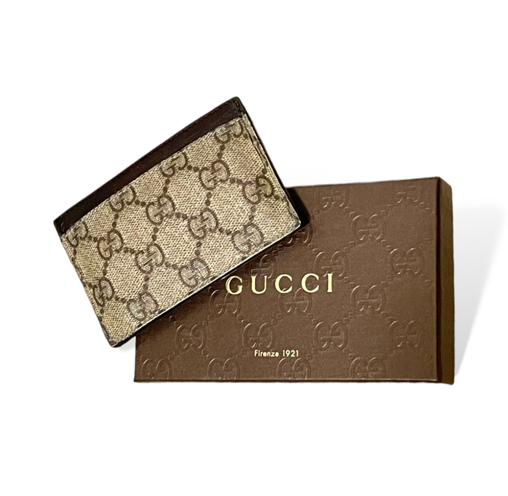 Vintage Gucci Coated GG Monogram Canvas and Brown Leather Card Holder