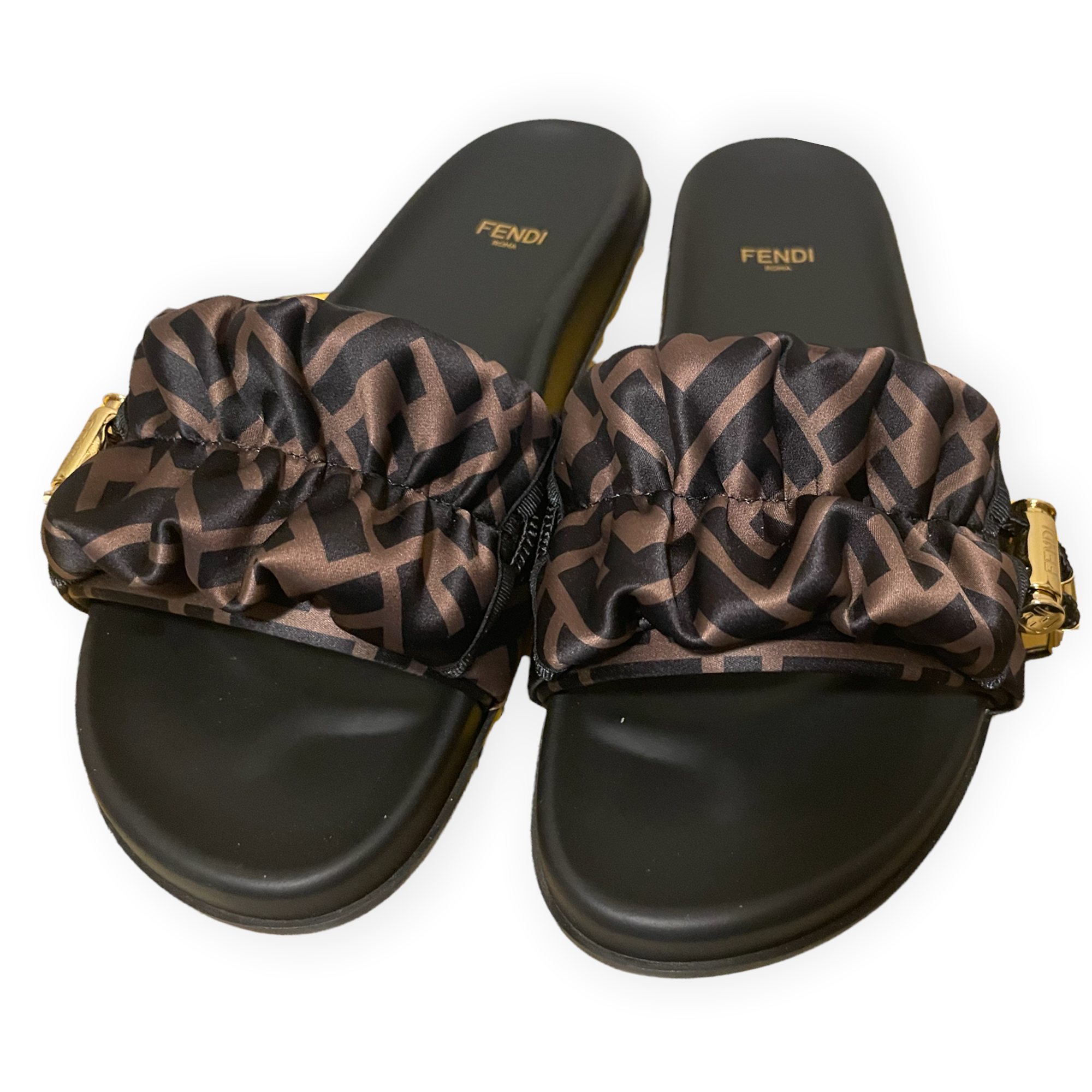 Fendi Feel Brown Zucca Print Satin Slides |Size: 39|