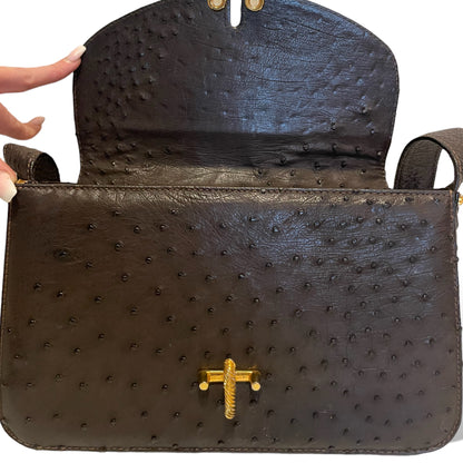 Gucci Vintage Circa 60’s Brown Ostrich leather & Braided Gold Hardware Detail Shoulder Bag - photo 3 of 16