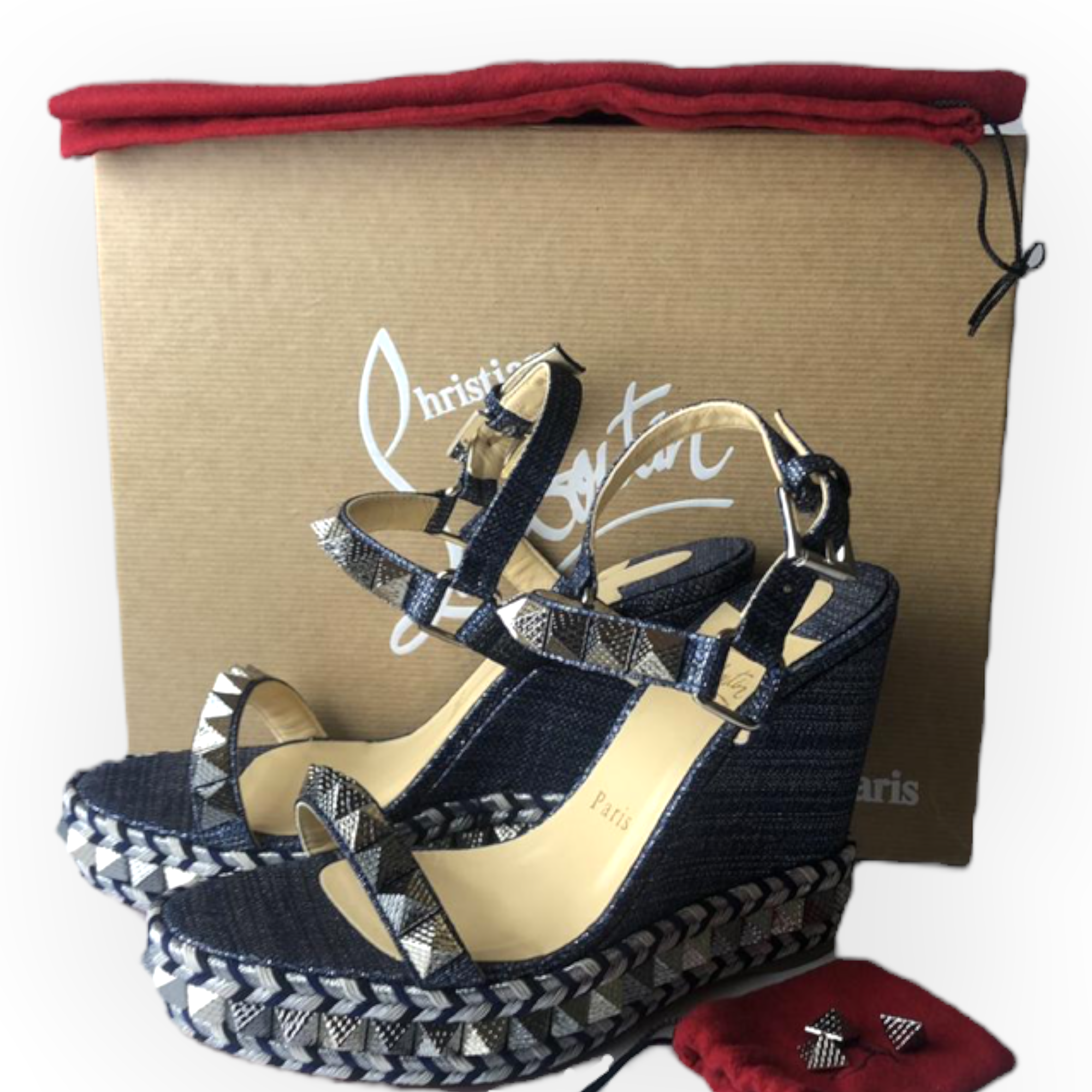 CHRISTIAN LOUBOUTIN Denim Lame Lux Pyraclou 110 Wedge Sandals |Size: 39|