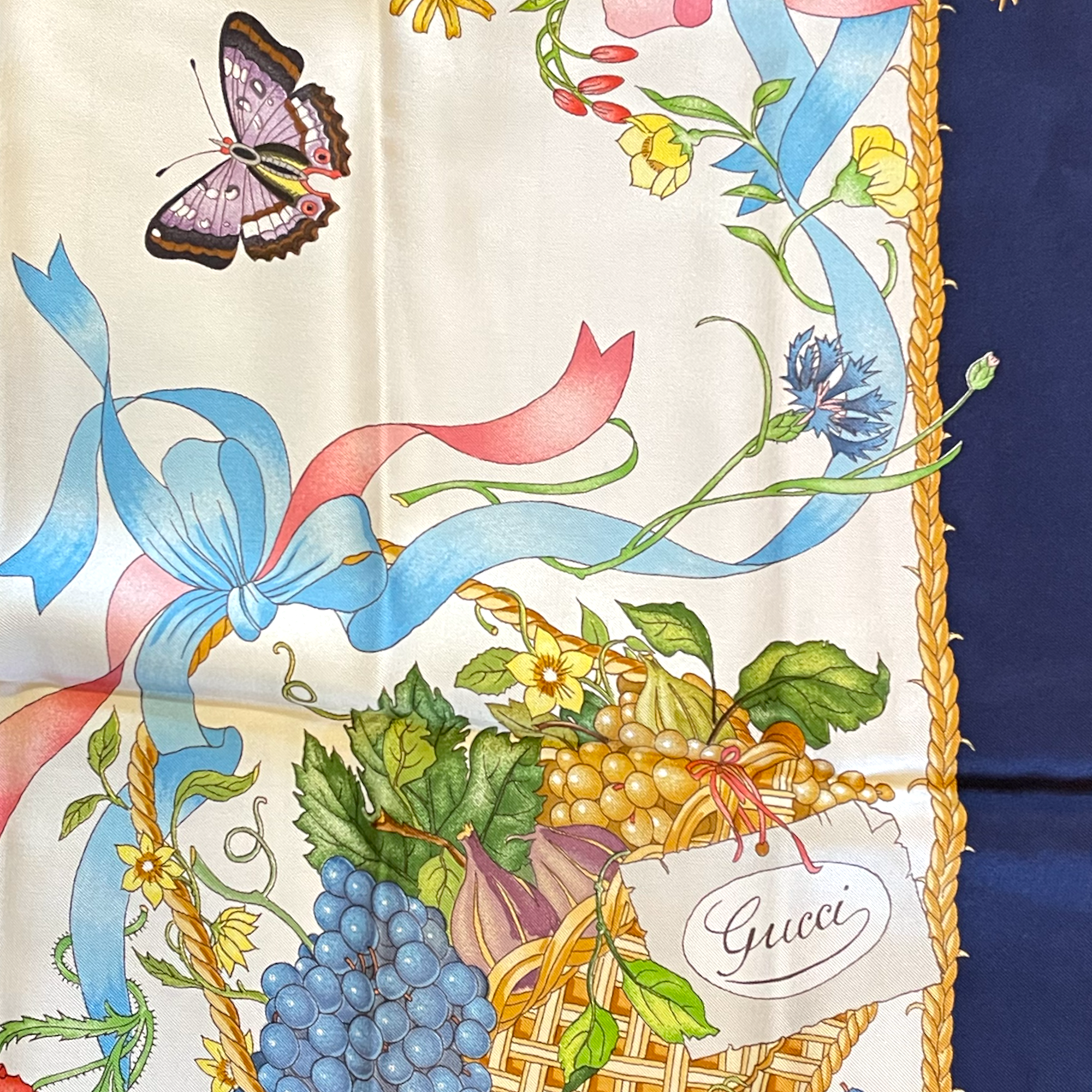Vintage Gucci Silk Butterfly and Fruit Scarf         34” x 34”