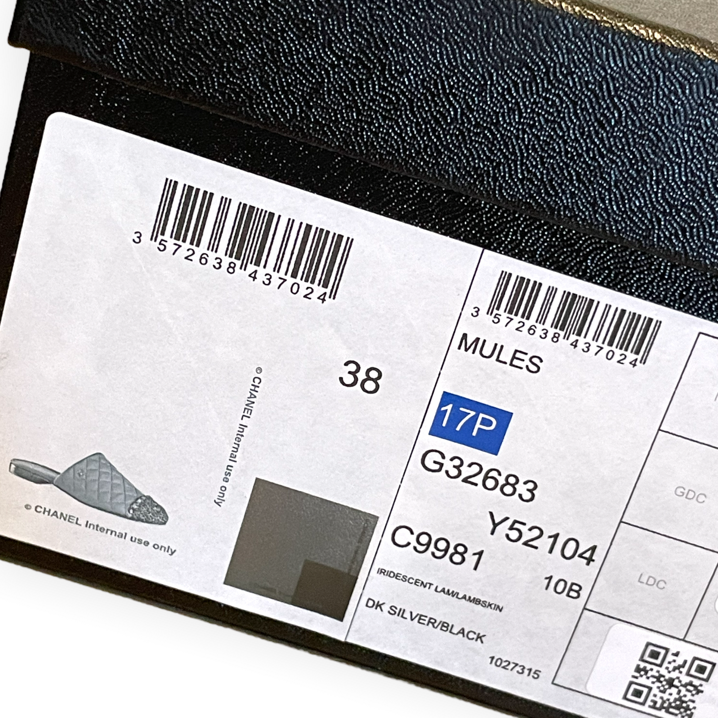 Chanel Iridescent Silver & Black Quilted Lambskin Mules