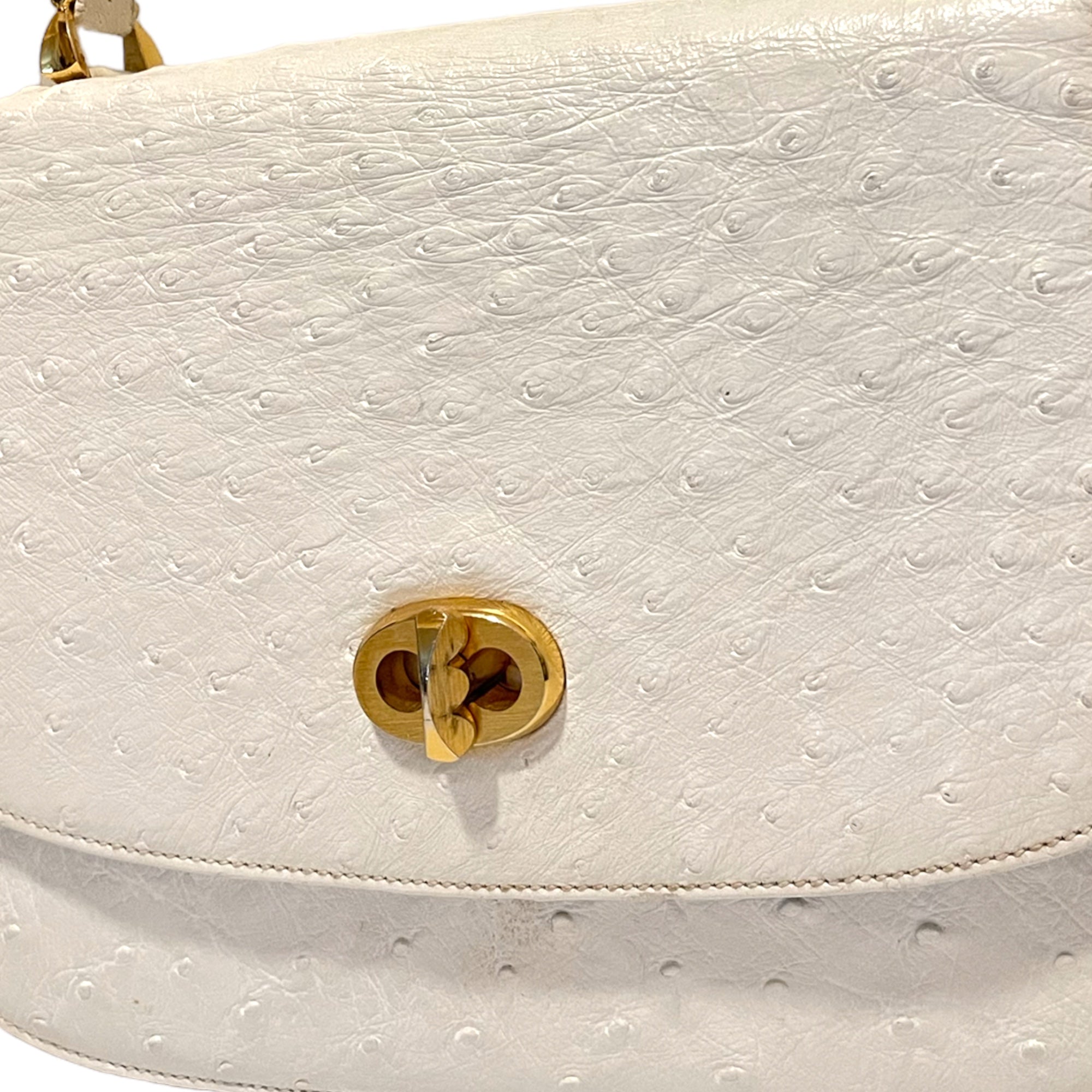 Gucci Bone White Ostrich Top Handle with Gold Turn Lock Clasp Circa 1950's