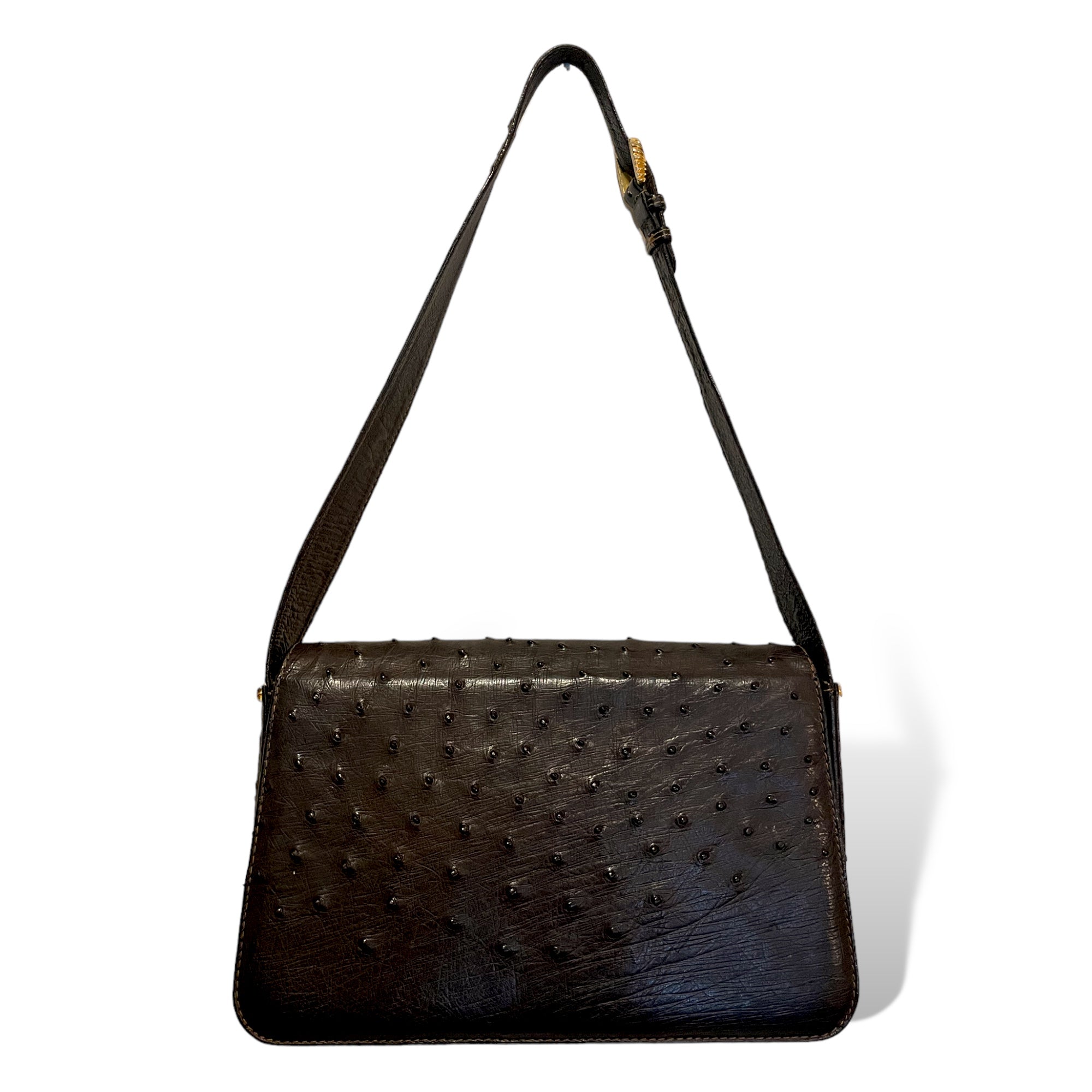 Gucci Vintage Circa 60’s Brown Ostrich leather & Braided Gold Hardware Detail Shoulder Bag