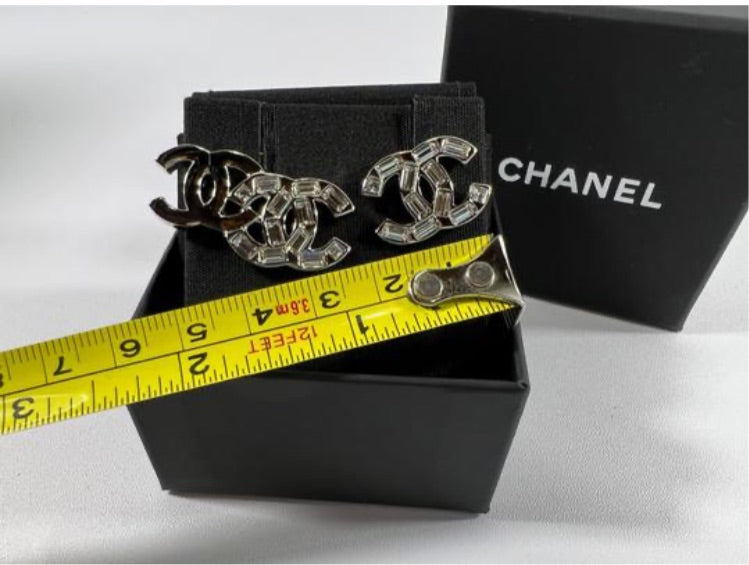 Chanel Silver interlocking CC Logo and Baguette Crystal Stud Earrings