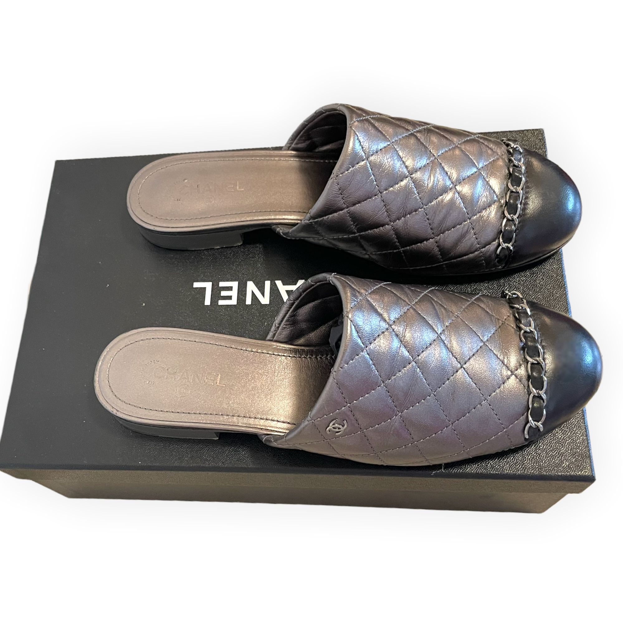 Chanel Iridescent Silver & Black Quilted Lambskin Mules