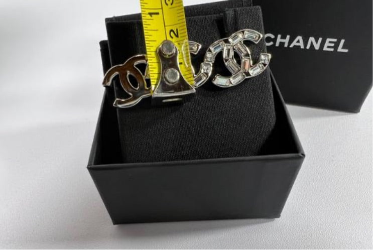 Chanel Silver interlocking CC Logo and Baguette Crystal Stud Earrings