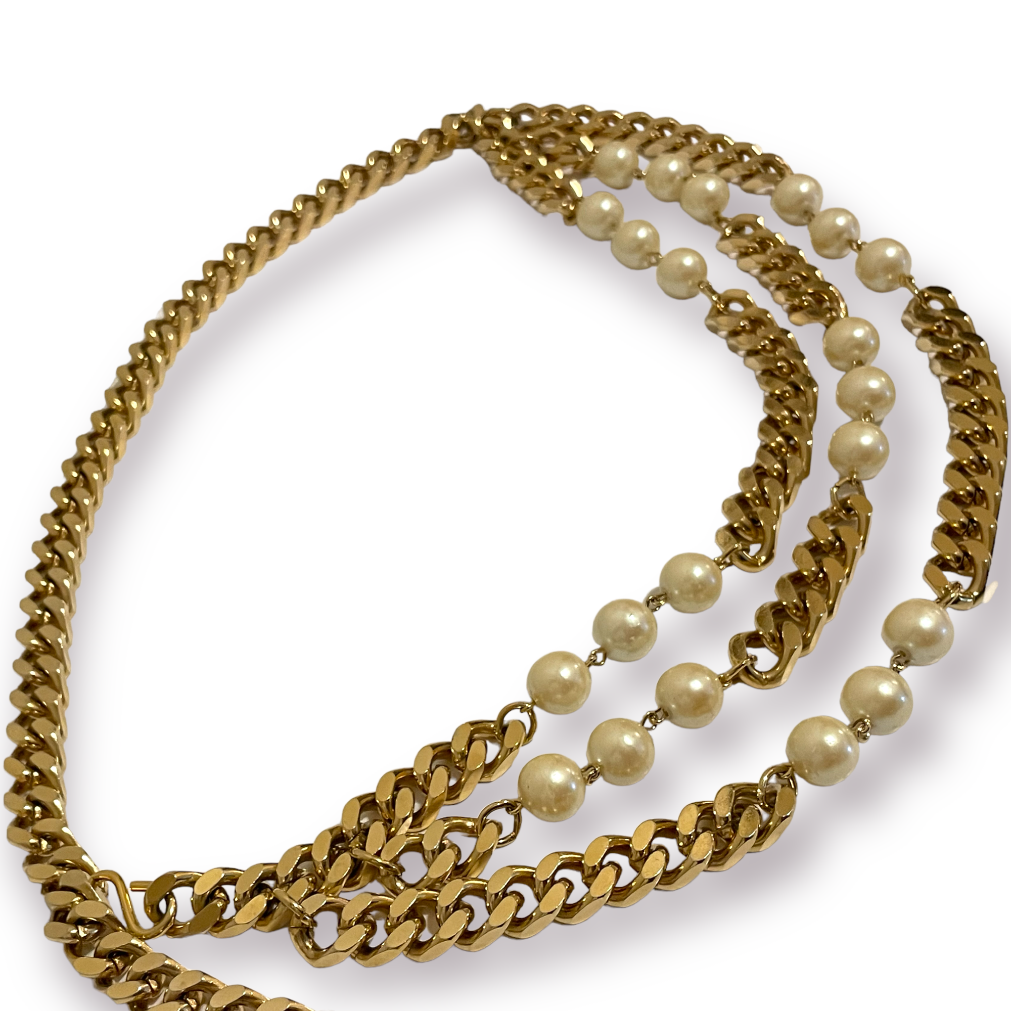 NEIMAN MARCUS Gold Tone Metal & Pearl Cuban Link Chain Belt