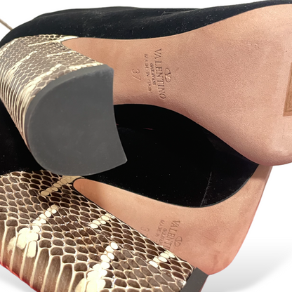 Valentino Garavani Black Velvet with Snake Skin Trim Lace up Ankle Booties - photo 11 of 12