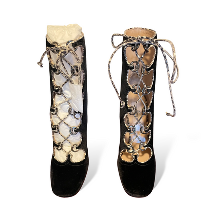 Valentino Garavani Black Velvet with Snake Skin Trim Lace up Ankle Booties - photo 6 of 12
