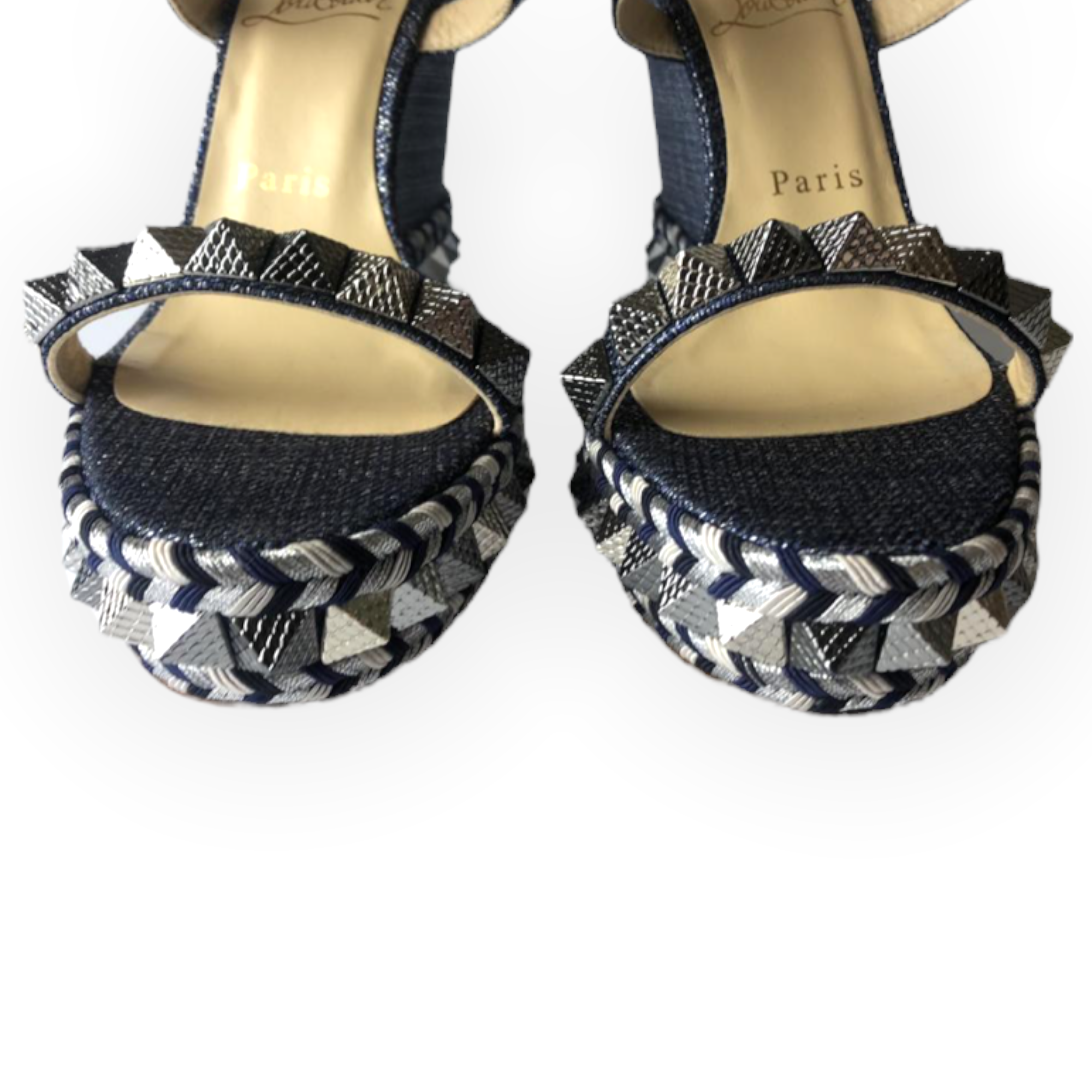 CHRISTIAN LOUBOUTIN Denim Lame Lux Pyraclou 110 Wedge Sandals |Size: 39|