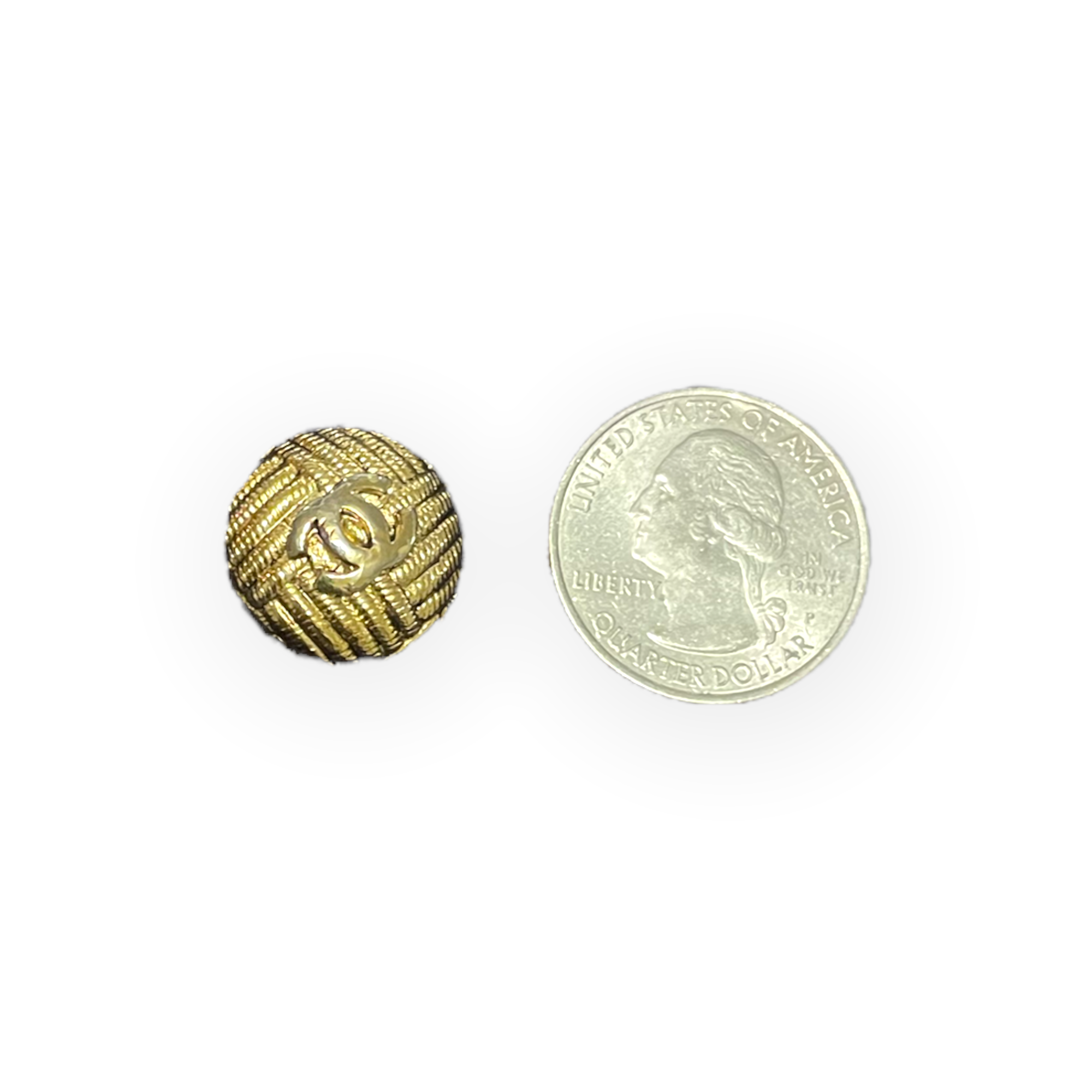 Two AUTHENTIC CHANEL Gold Tone Metal with interlocking CC logo and embossed woven design Buttons