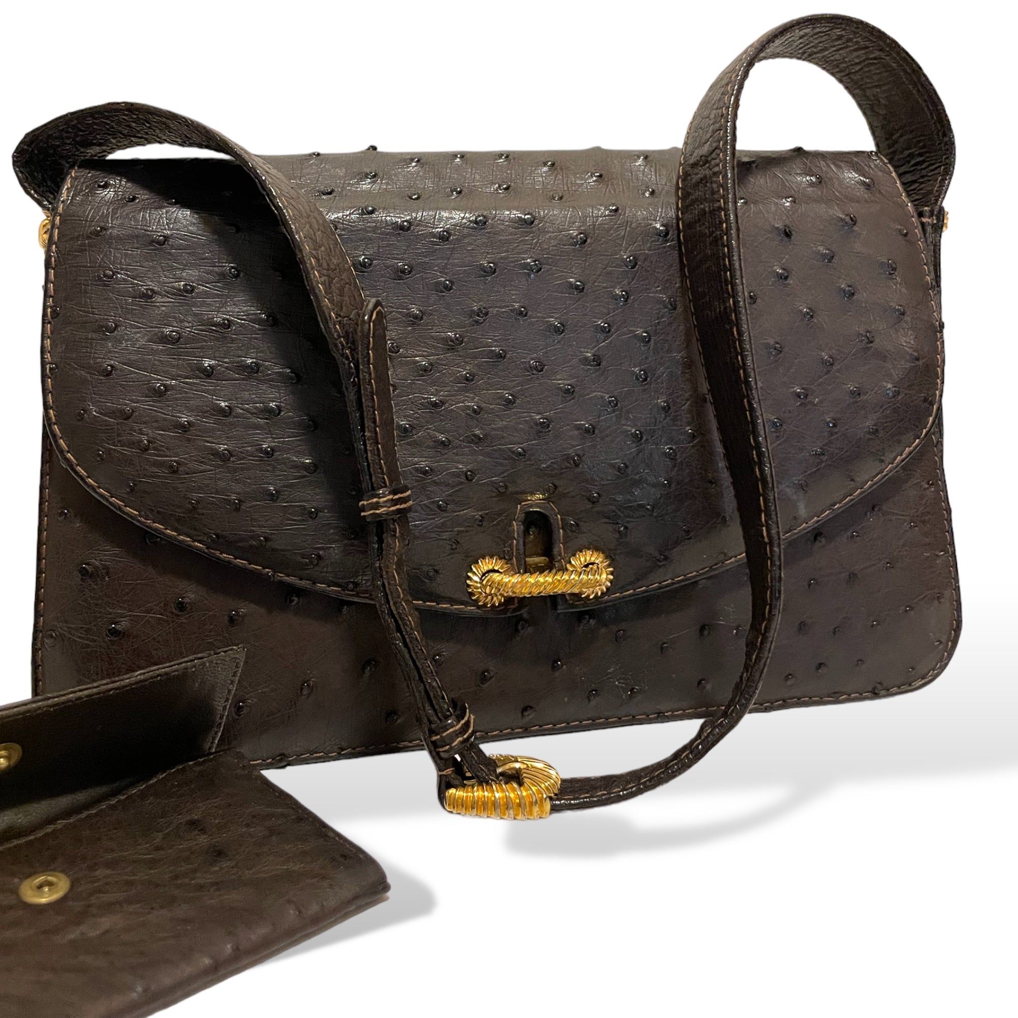 Gucci Vintage Circa 60’s Brown Ostrich leather & Braided Gold Hardware Detail Shoulder Bag