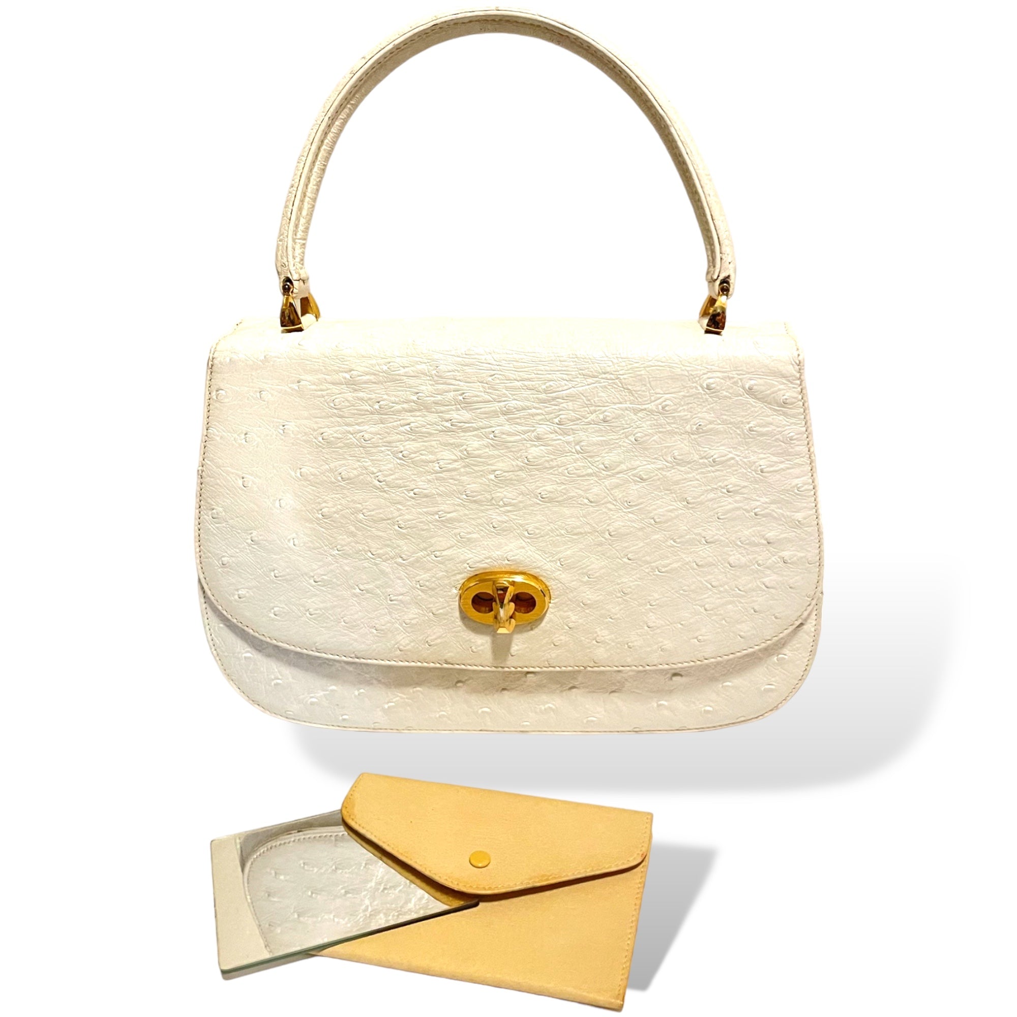 Gucci Bone White Ostrich Top Handle with Gold Turn Lock Clasp Circa 1950's