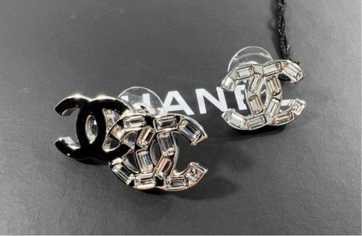 Chanel Silver interlocking CC Logo and Baguette Crystal Stud Earrings