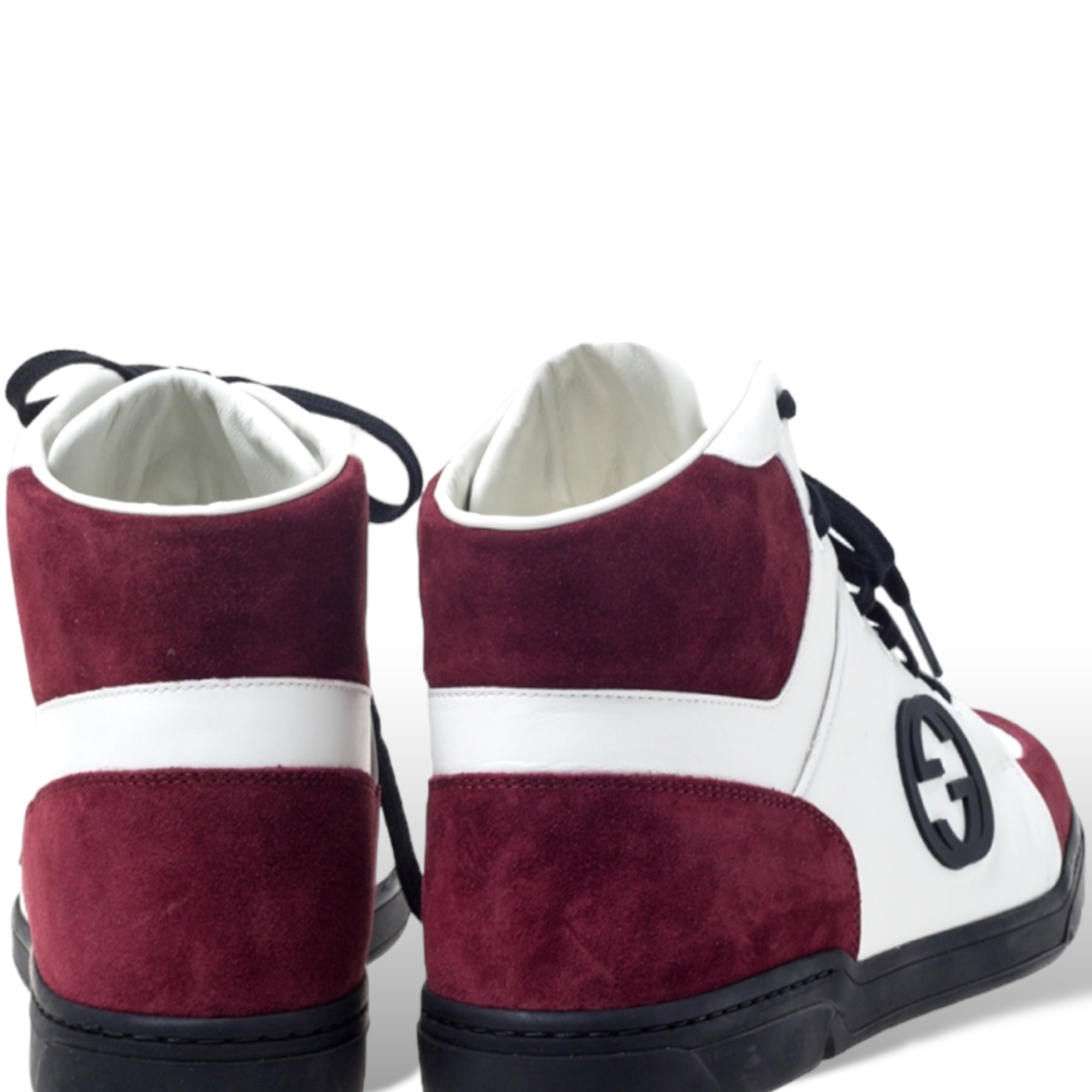 GUCCI Mens Burgundy/White Leather GG Interlocking Logo High Top Sneakers |10.5|