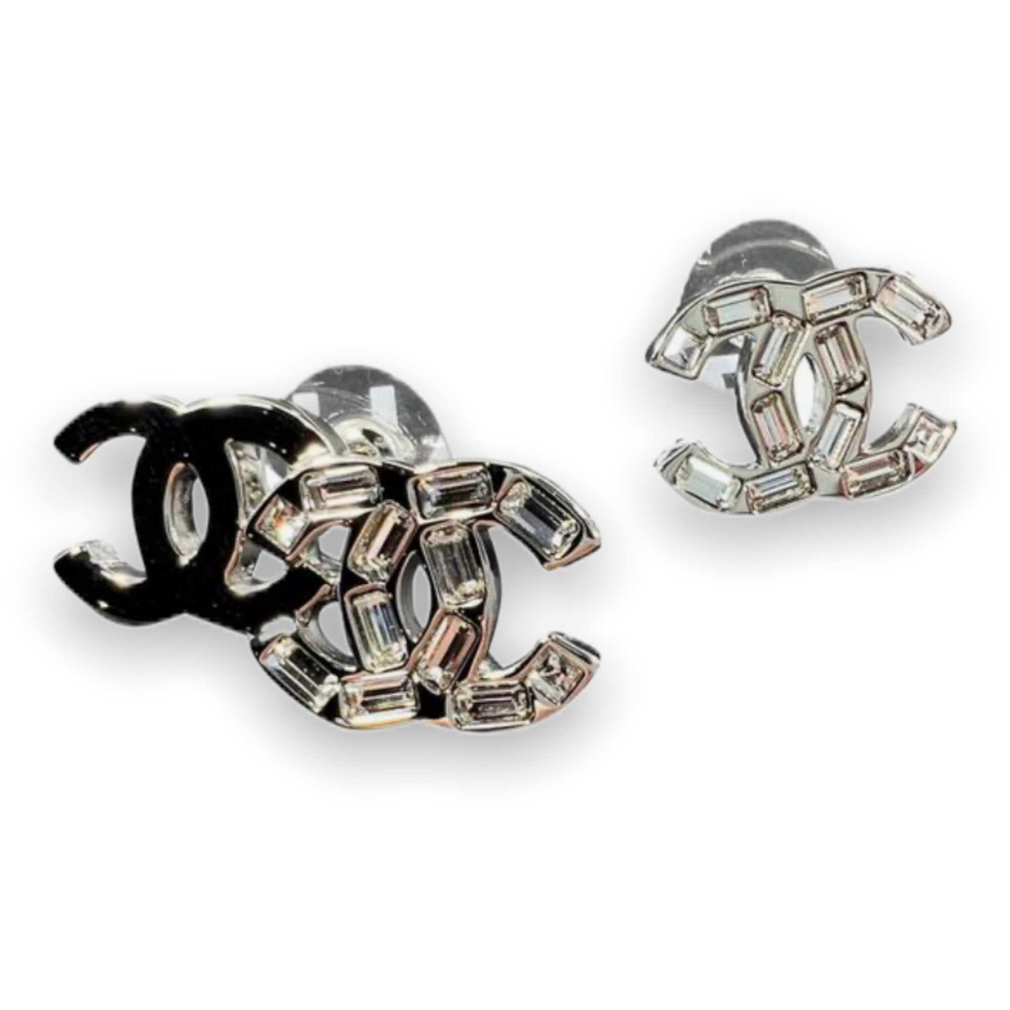 Chanel Silver interlocking CC Logo and Baguette Crystal Stud Earrings