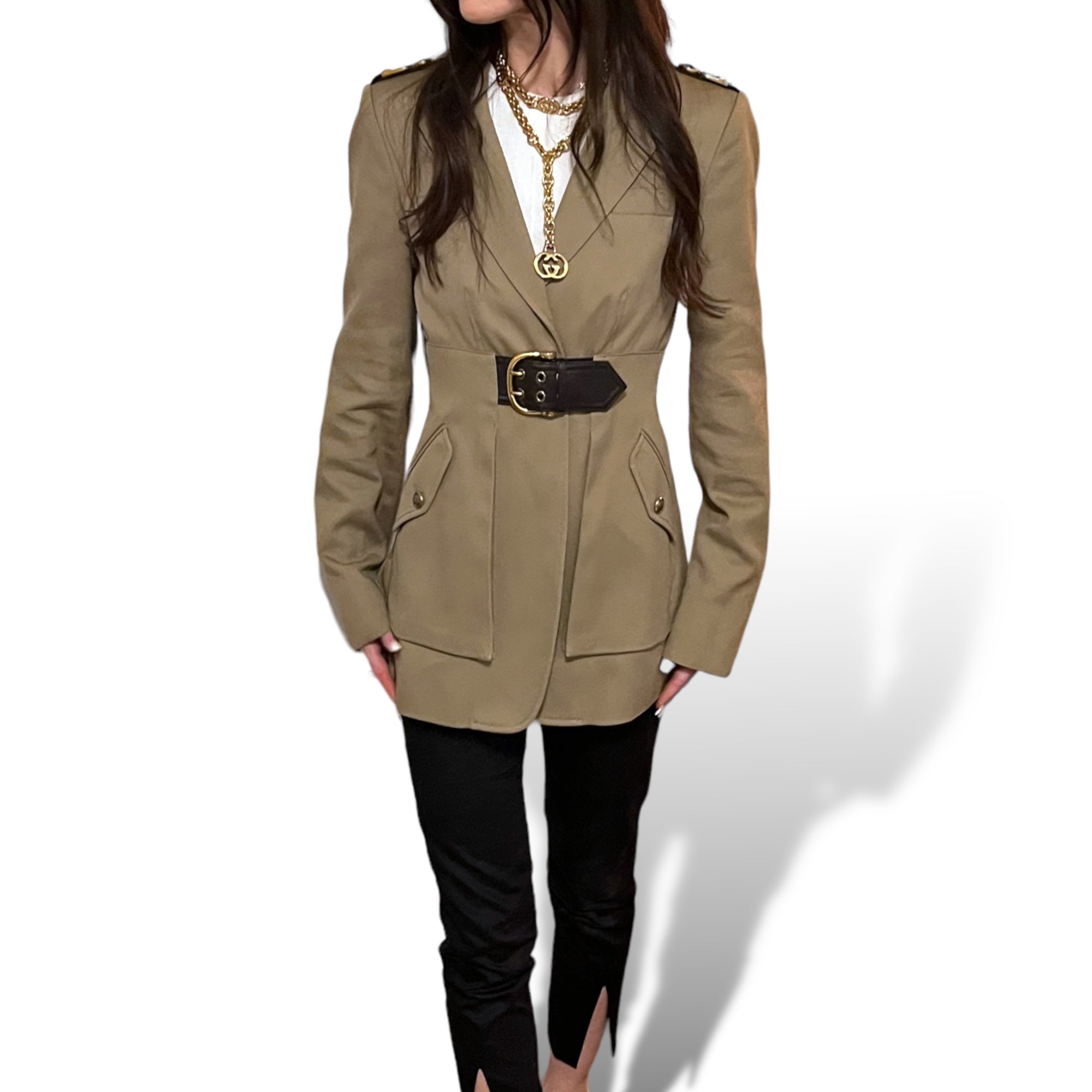 GUCCI Military Inspired Beige Canvas Jacket with Horse-bit Motif Accents |Size: 42|