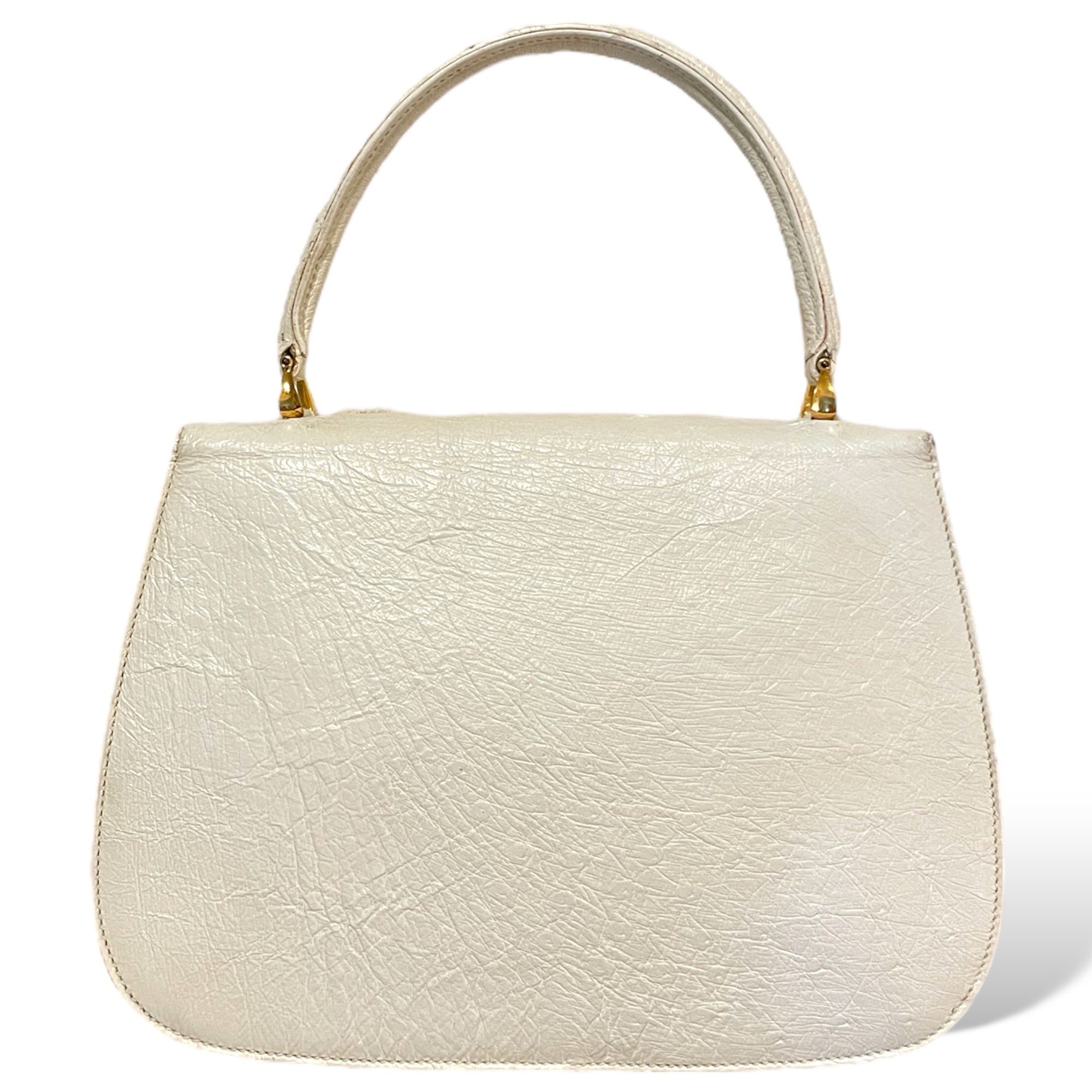 Gucci Bone White Ostrich Top Handle with Gold Turn Lock Clasp Circa 1950's