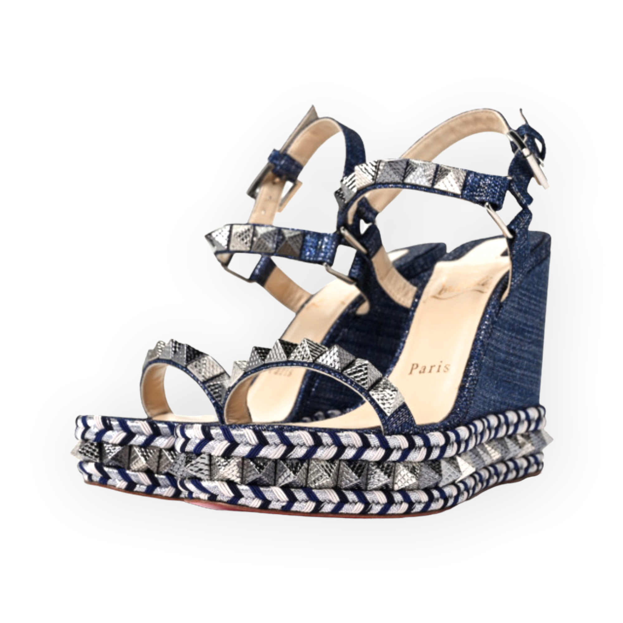 CHRISTIAN LOUBOUTIN Denim Lame Lux Pyraclou 110 Wedge Sandals |Size: 39|