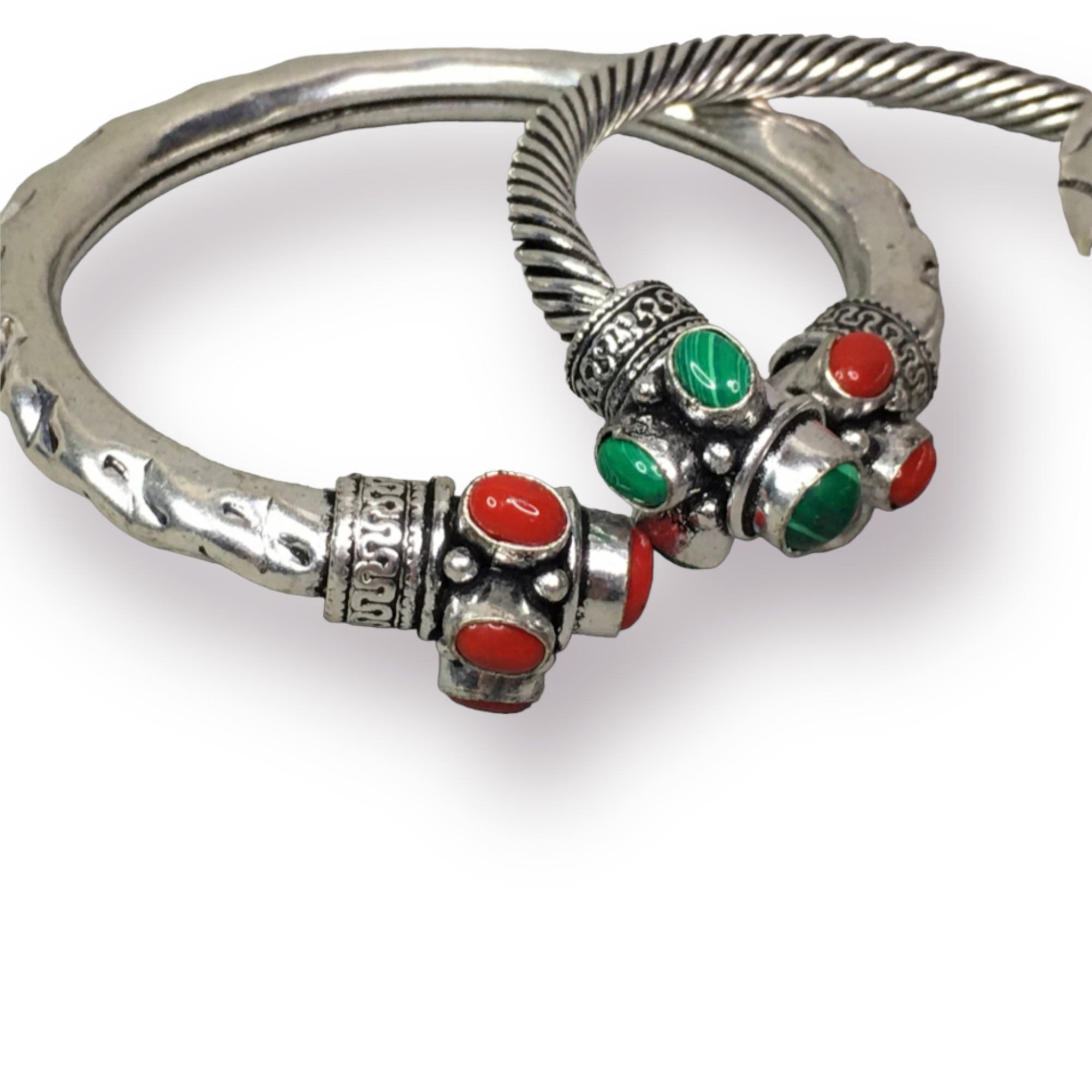 Semi-Precious Stone Accented Silver Tone Metal Bangles