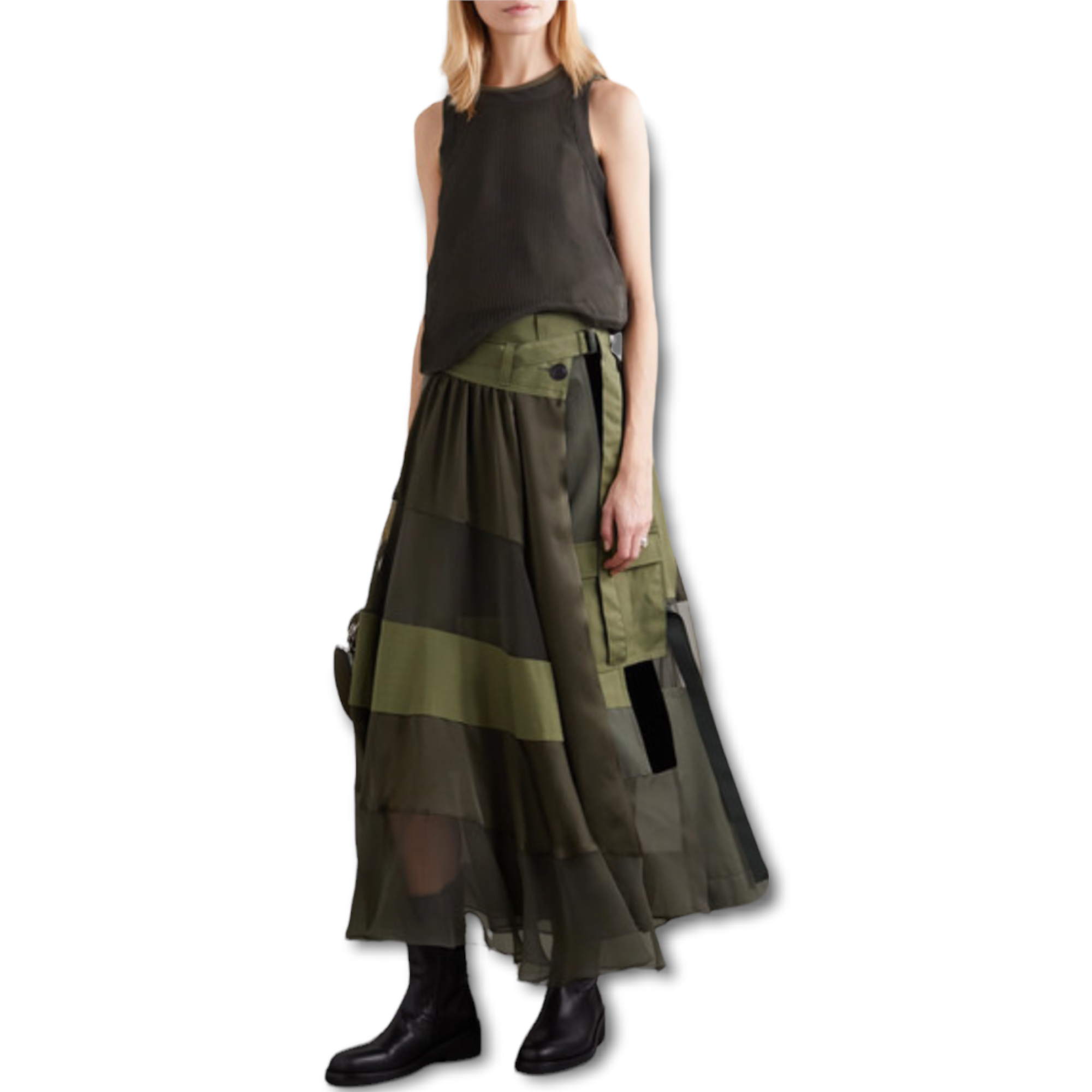 Sacai Paneled Asymmetric Satin, Velvet, Twill And Chiffon Wrap Maxi Skirt