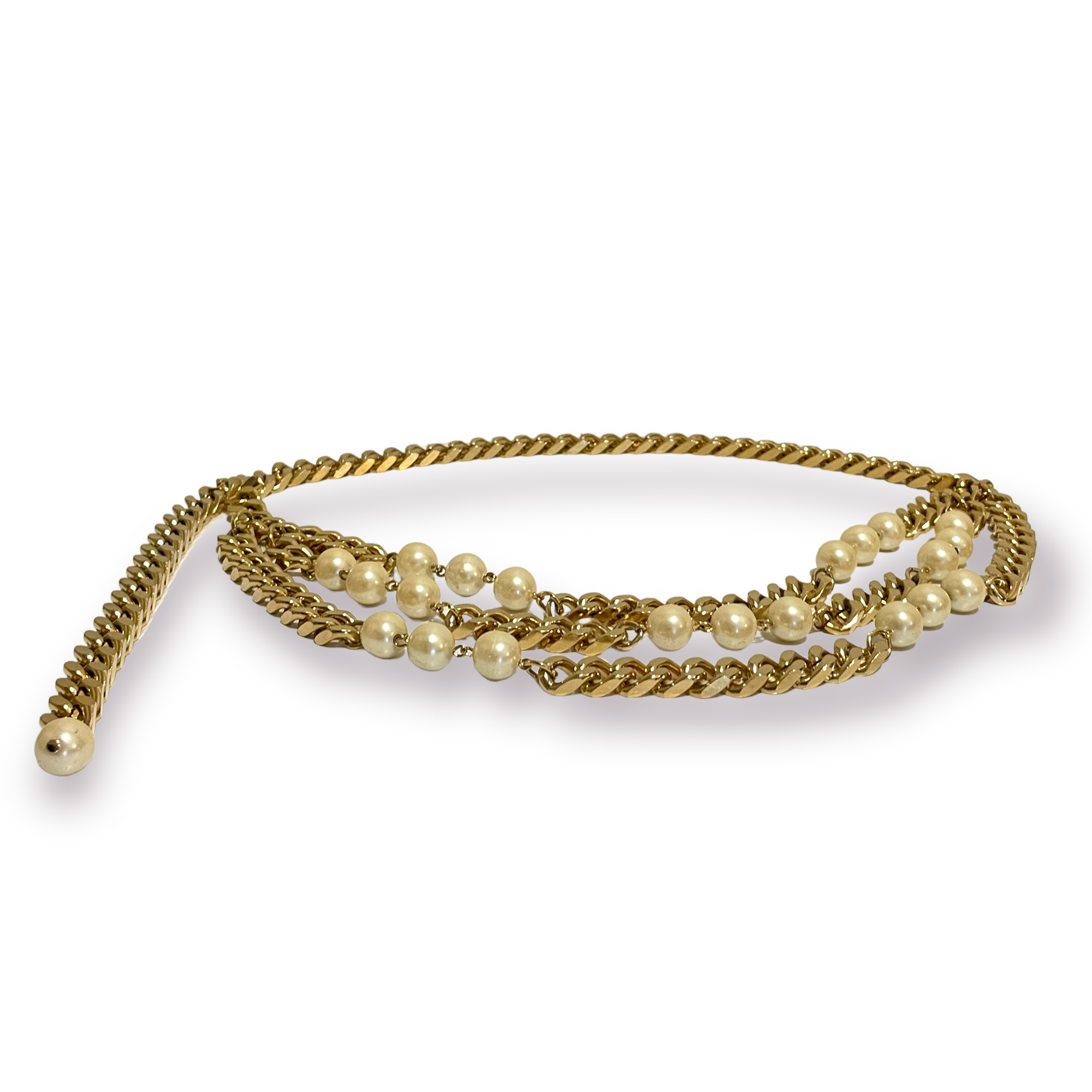 NEIMAN MARCUS Gold Tone Metal & Pearl Cuban Link Chain Belt