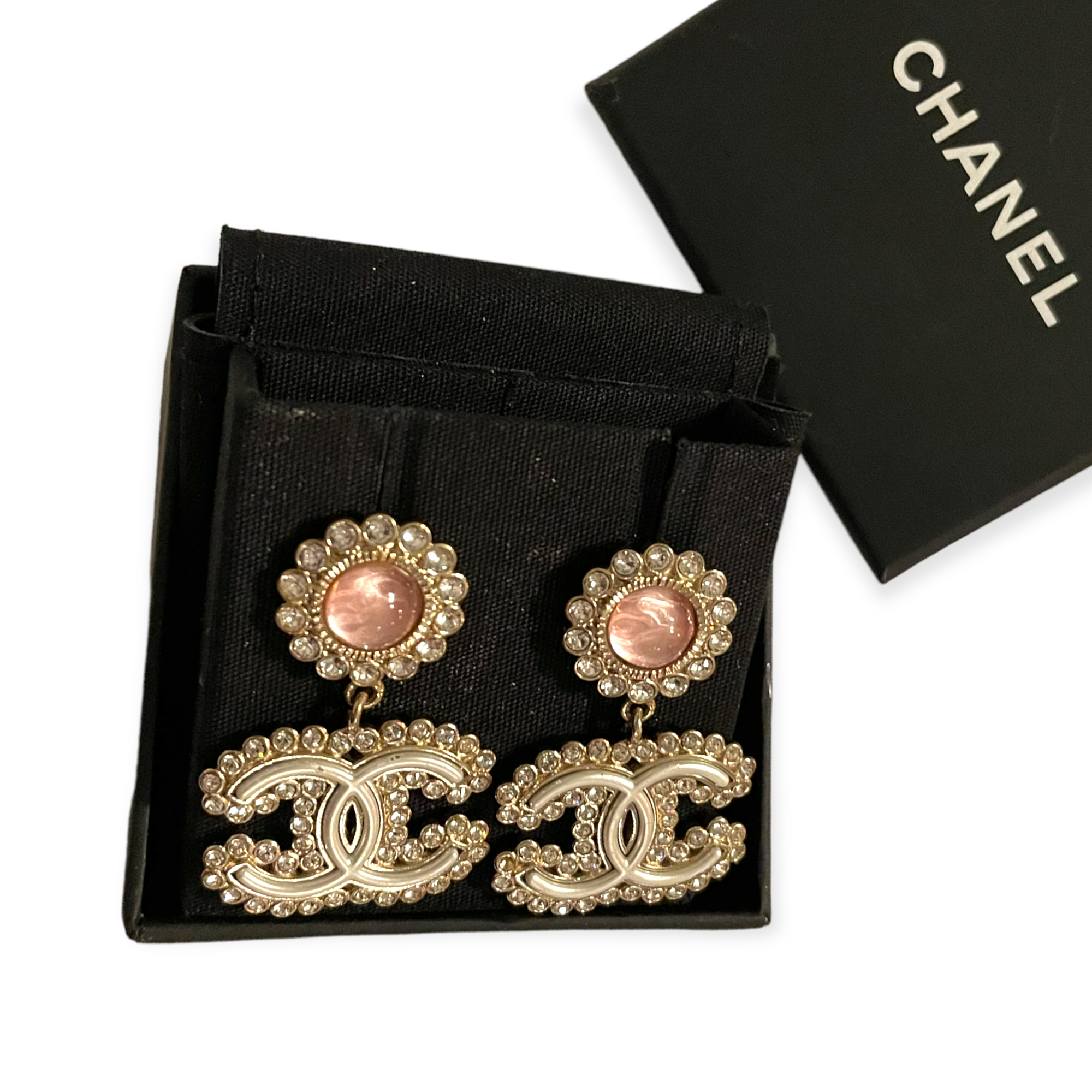 CHANEL Crystal CC Logo Drop with Pink Resin & Crystal Stud Dangling Earrings