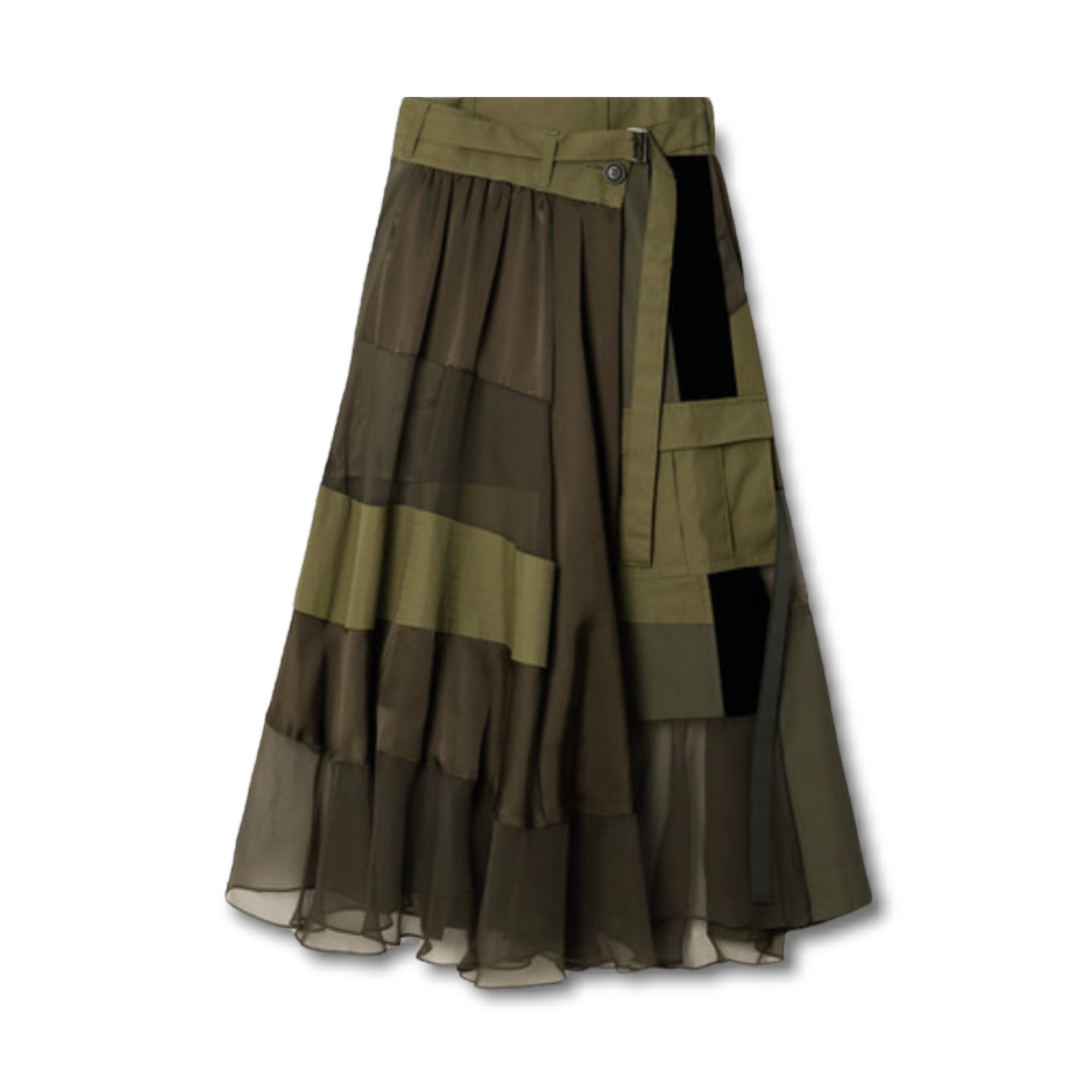 Sacai Paneled Asymmetric Satin, Velvet, Twill And Chiffon Wrap Maxi Skirt