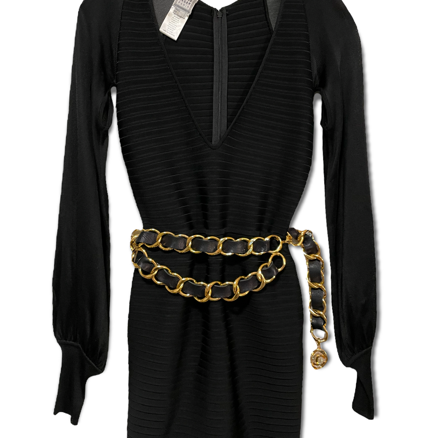 HERVE LEGER PARIS Bandage Mesh Cut-Out Long Sleeve Dress SMALL