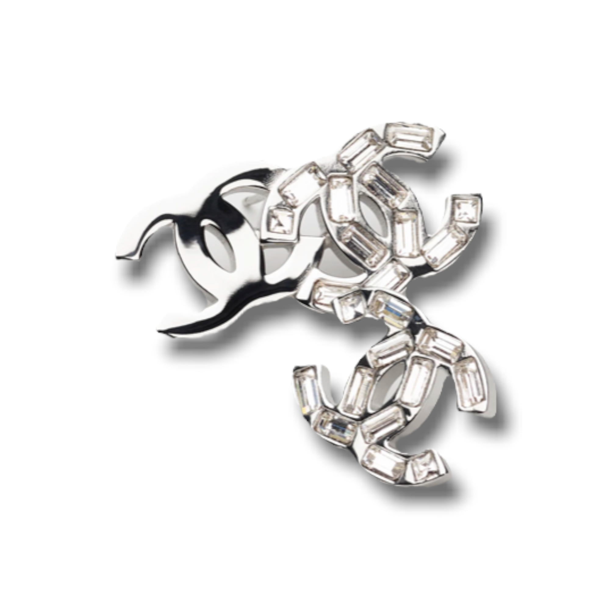 Chanel Silver interlocking CC Logo and Baguette Crystal Stud Earrings
