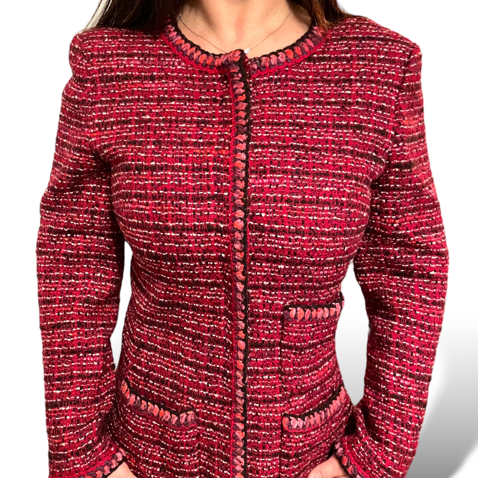CHANEL Vintage FALL 2001 Collection Burgundy Tweed Patterned Jacket