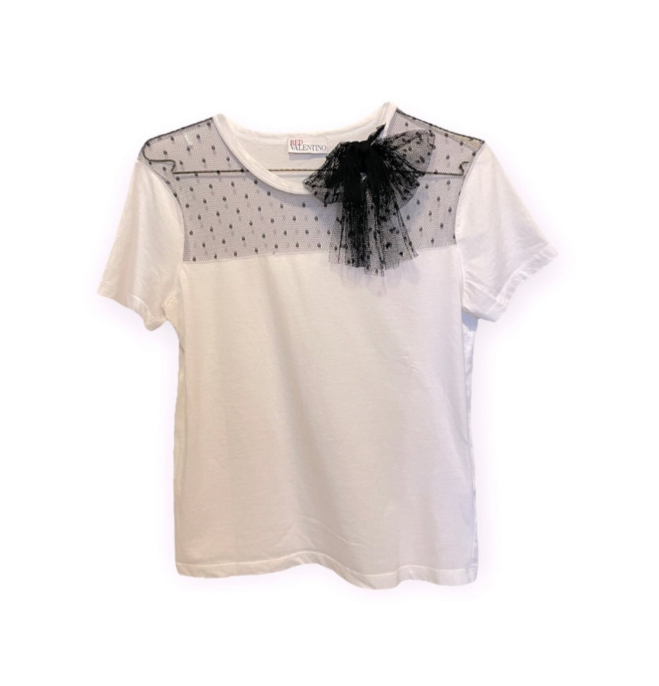 RED VALENTINO Jersey T-shirt W/ Point D'esprit Tulle & Bow Detail In Black