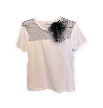 RED Valentino Jersey T-shirt W/ Point D'esprit Tulle & Bow Detail In Black - main product photo