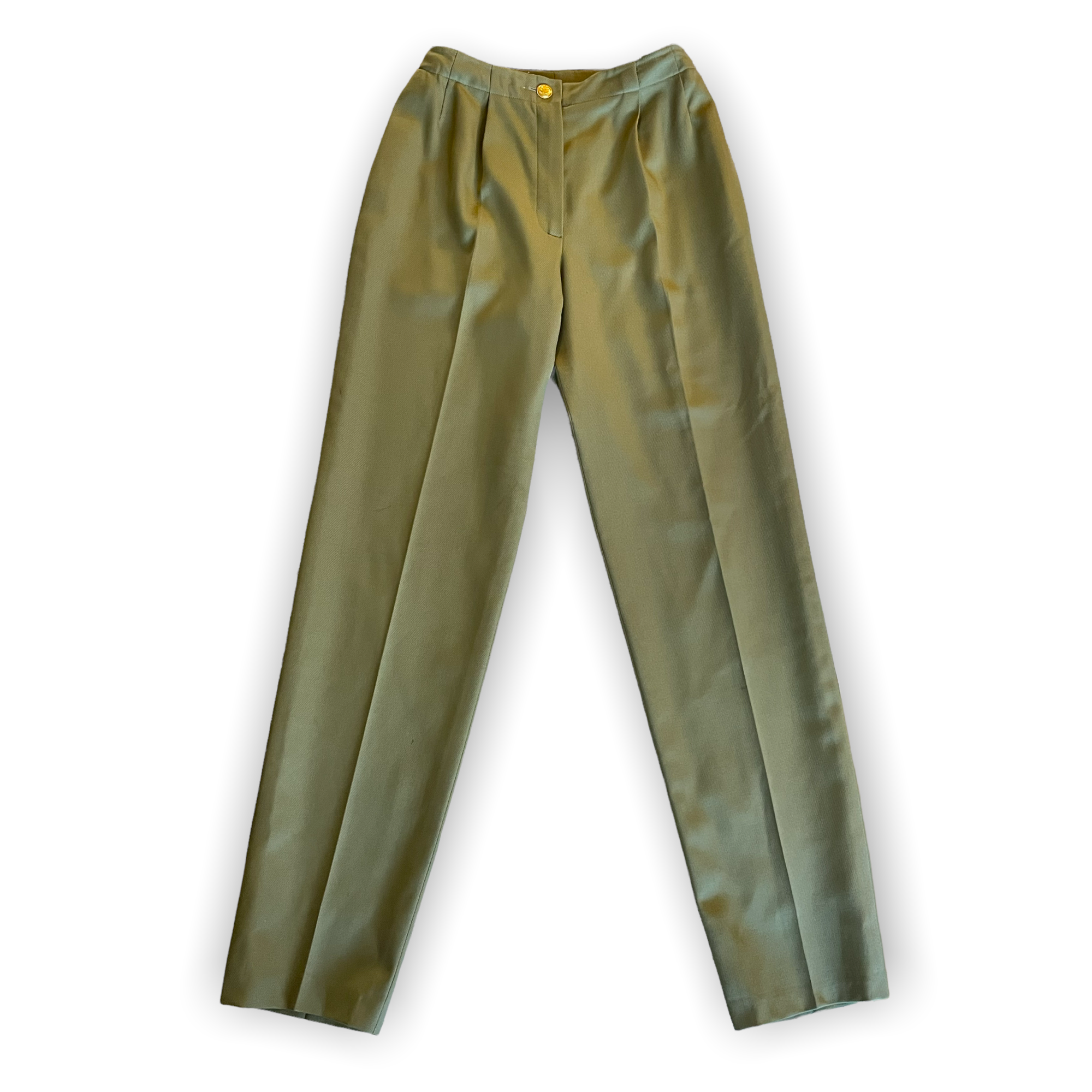 VINTAGE CHANEL  Women’s Military Green Stunning High-Waisted Wool & Silk Tailored Pants |Size: EU36|