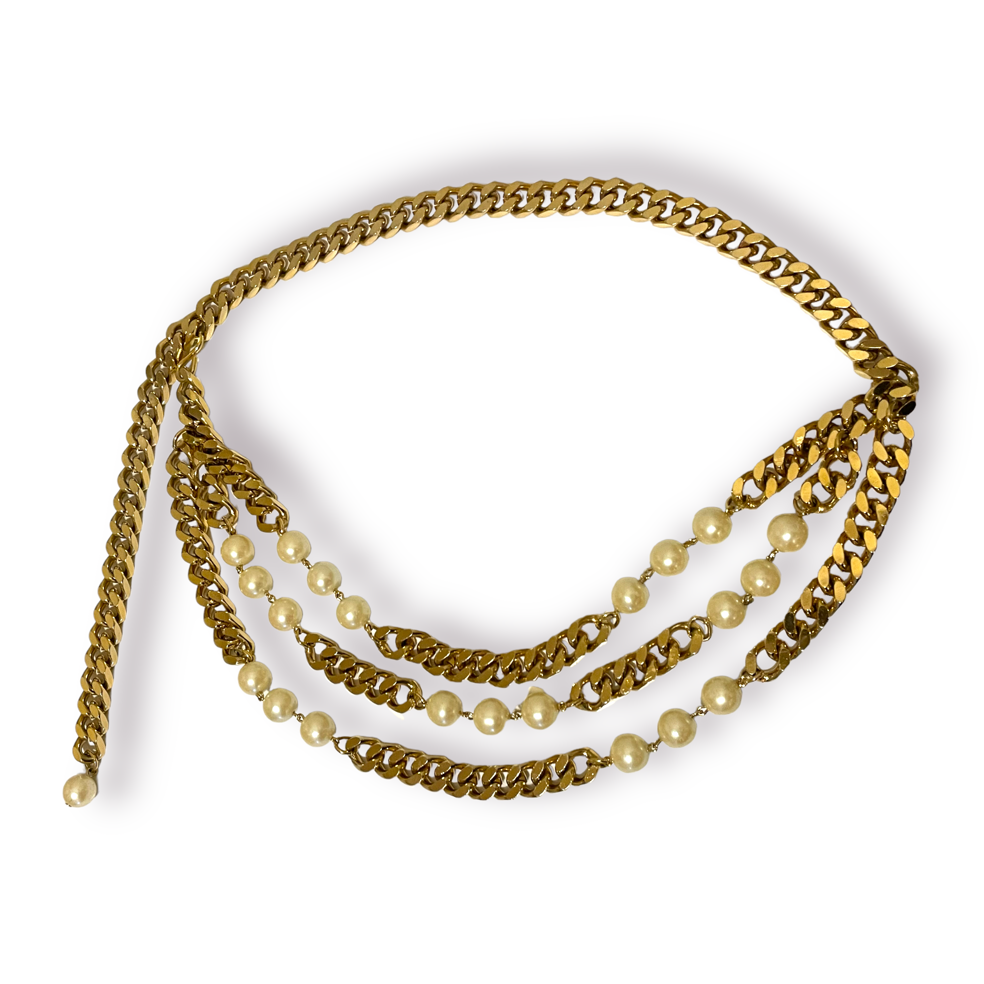 NEIMAN MARCUS Gold Tone Metal & Pearl Cuban Link Chain Belt