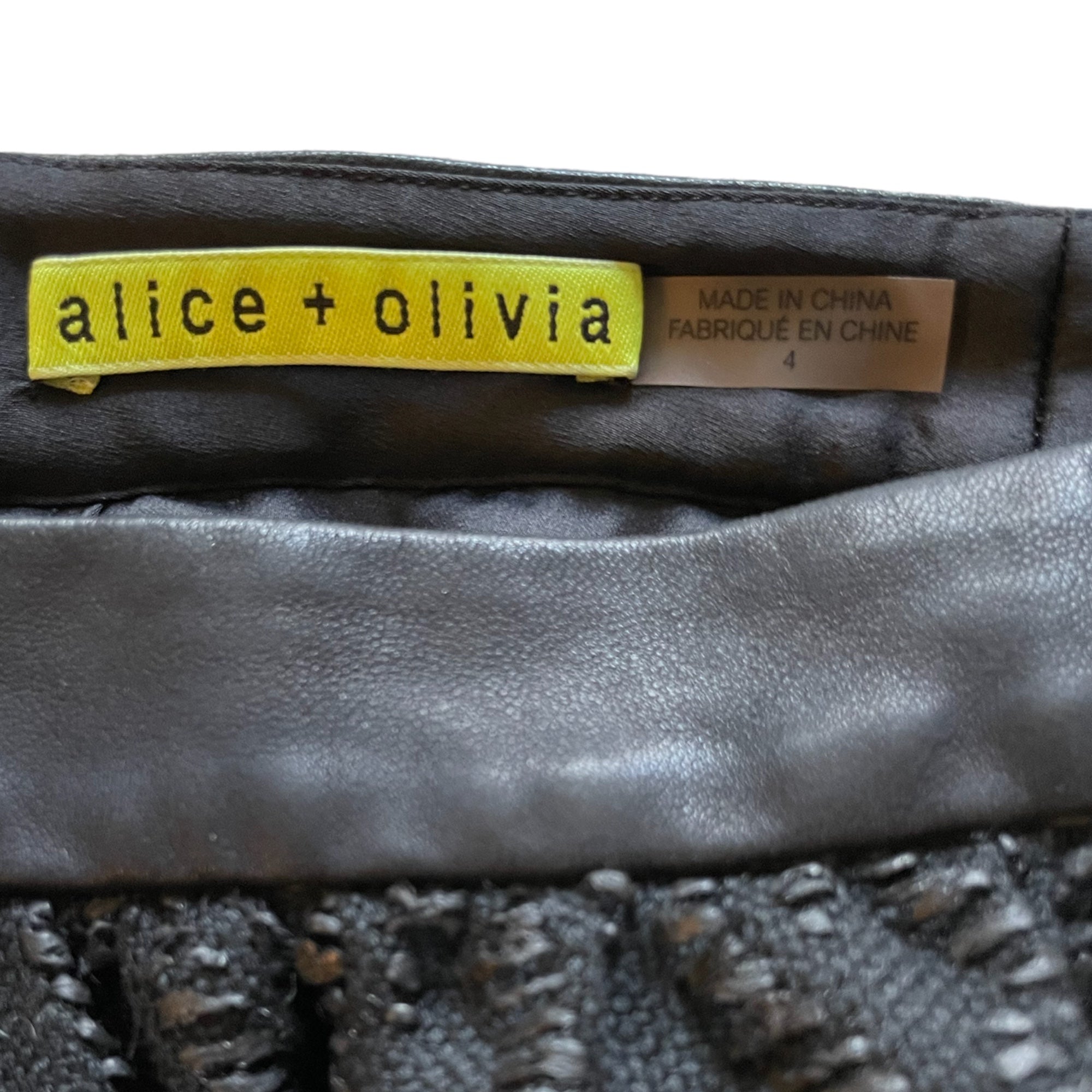 ALICE + OLIVIA Black Pattern with Lamb Leather Trim Mini Skirt  |Size: 4|
