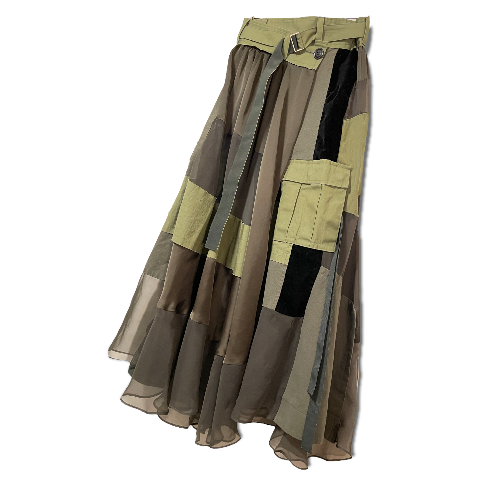 Sacai Paneled Asymmetric Satin, Velvet, Twill And Chiffon Wrap Maxi Skirt