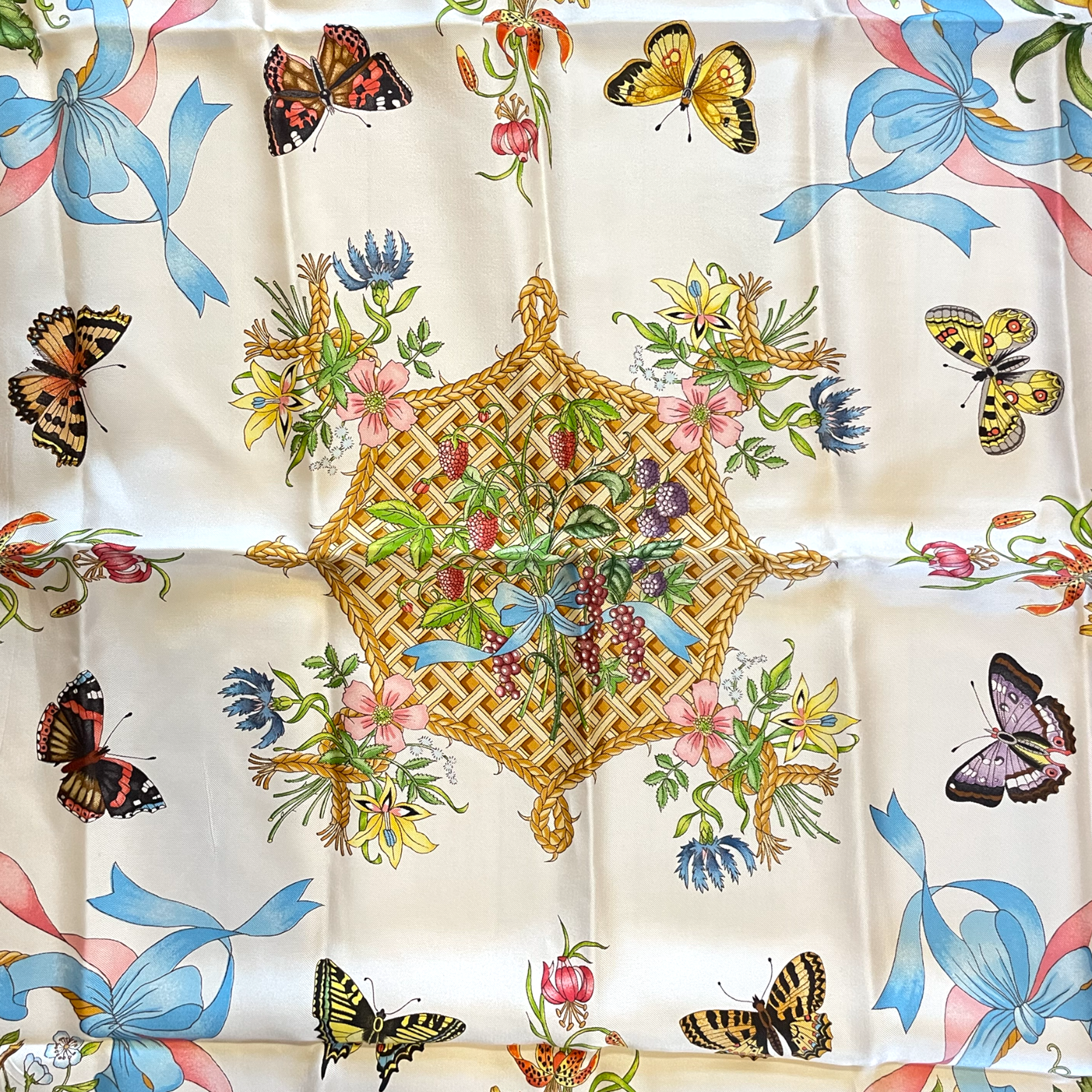 Vintage Gucci Silk Butterfly and Fruit Scarf         34” x 34”