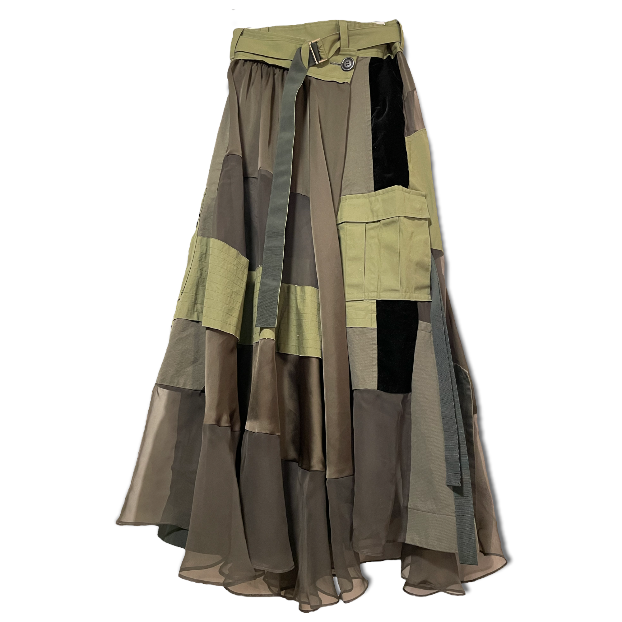 Sacai Paneled Asymmetric Satin, Velvet, Twill And Chiffon Wrap Maxi Skirt