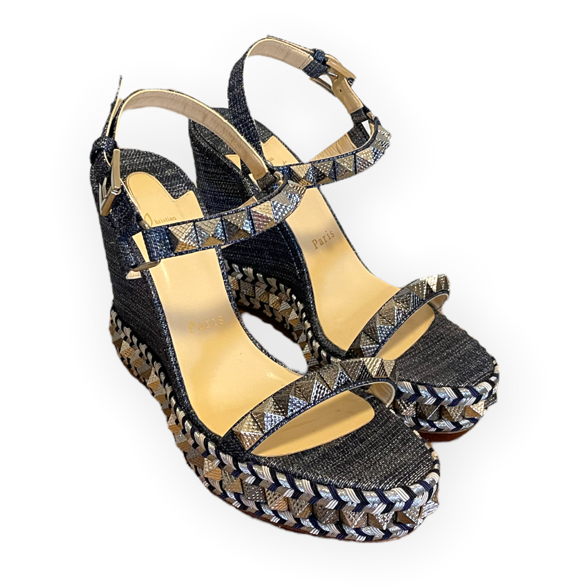 CHRISTIAN LOUBOUTIN Denim Lame Lux Pyraclou 110 Wedge Sandals |Size: 39|