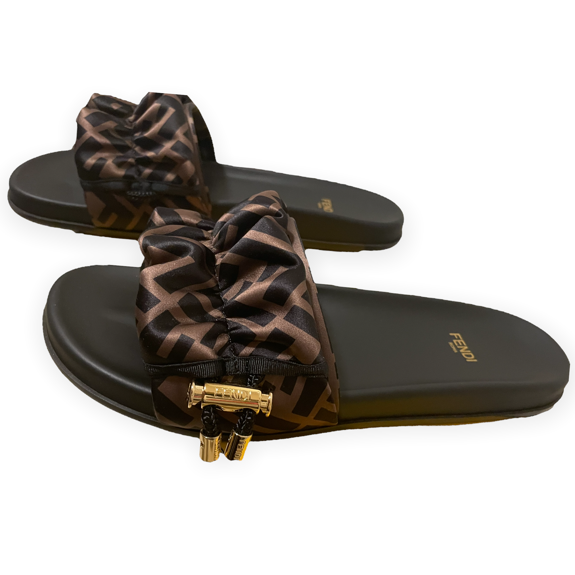 Fendi Feel Brown Zucca Print Satin Slides |Size: 39|