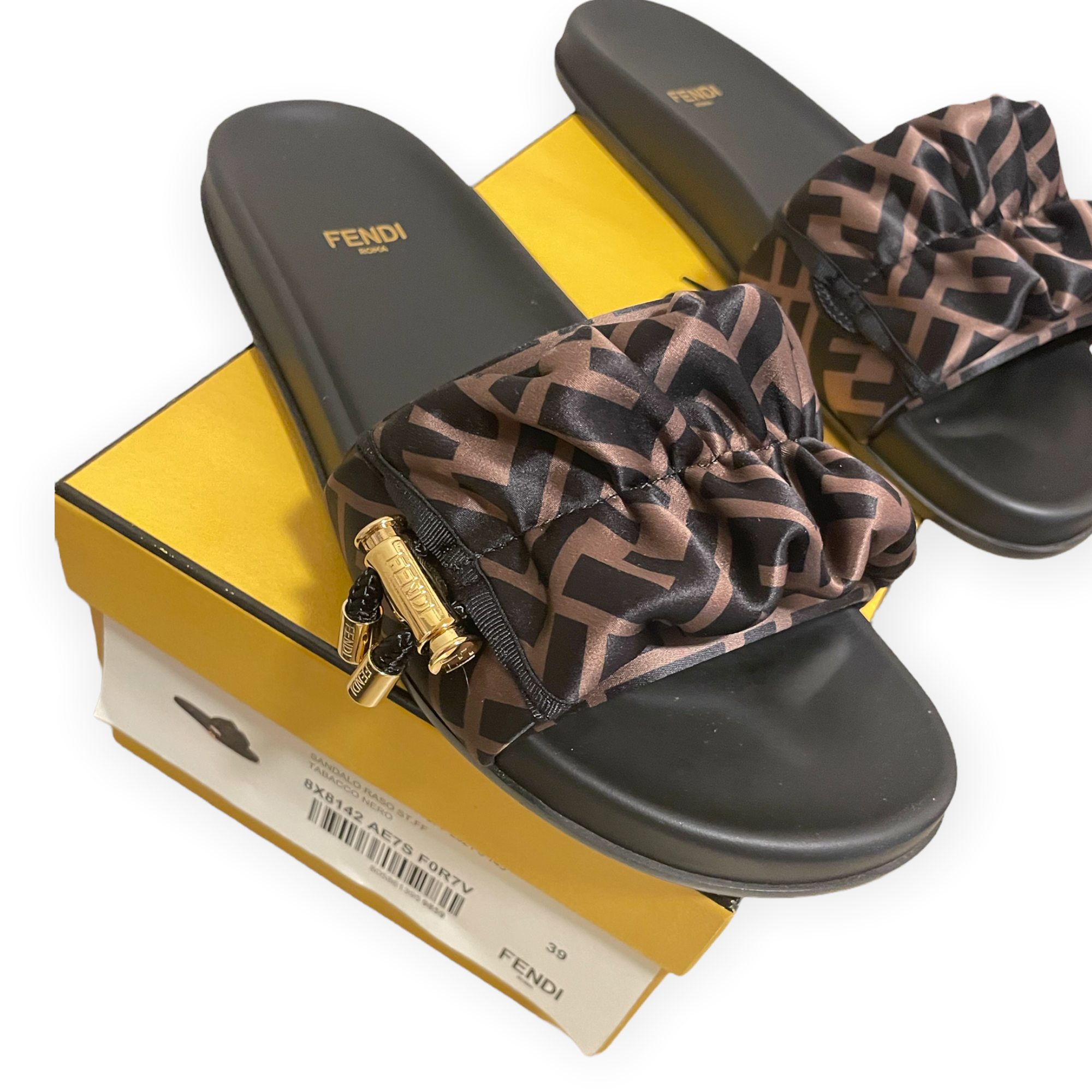 Fendi Feel Brown Zucca Print Satin Slides |Size: 39|