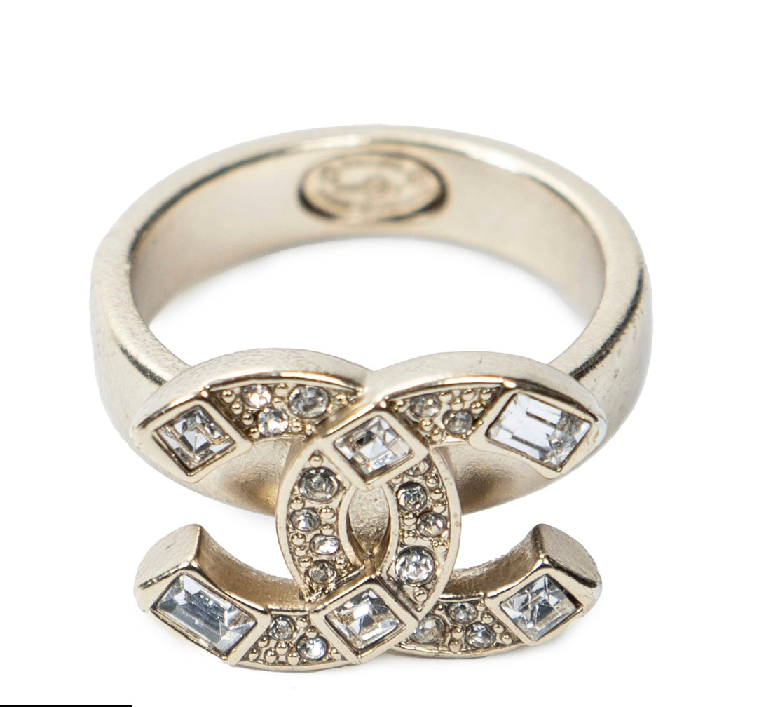 CHANEL CC Logo Ring in Champagne Gold/Crystals & Baguettes |Size:6|