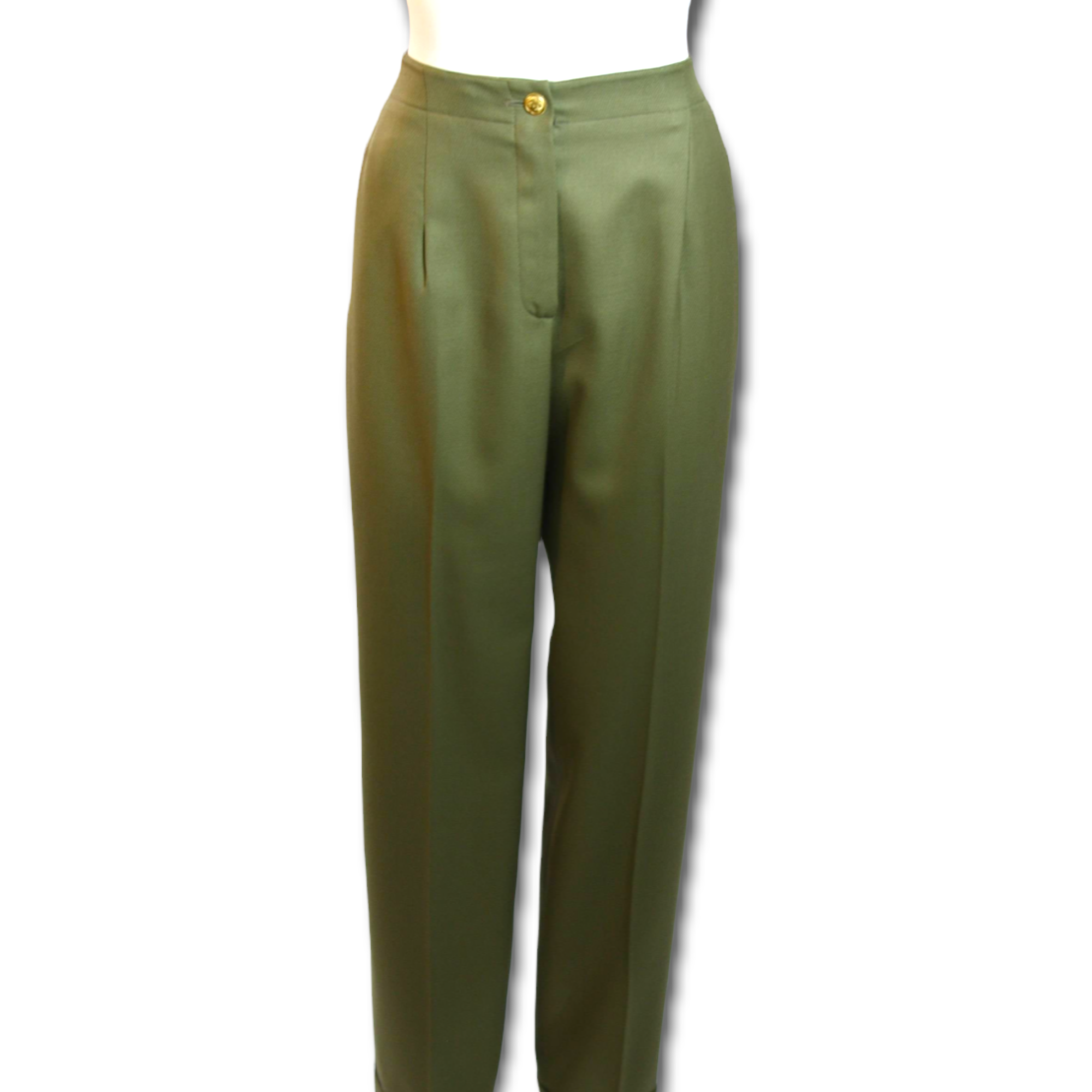 VINTAGE CHANEL  Women’s Military Green Stunning High-Waisted Wool & Silk Tailored Pants |Size: EU36|