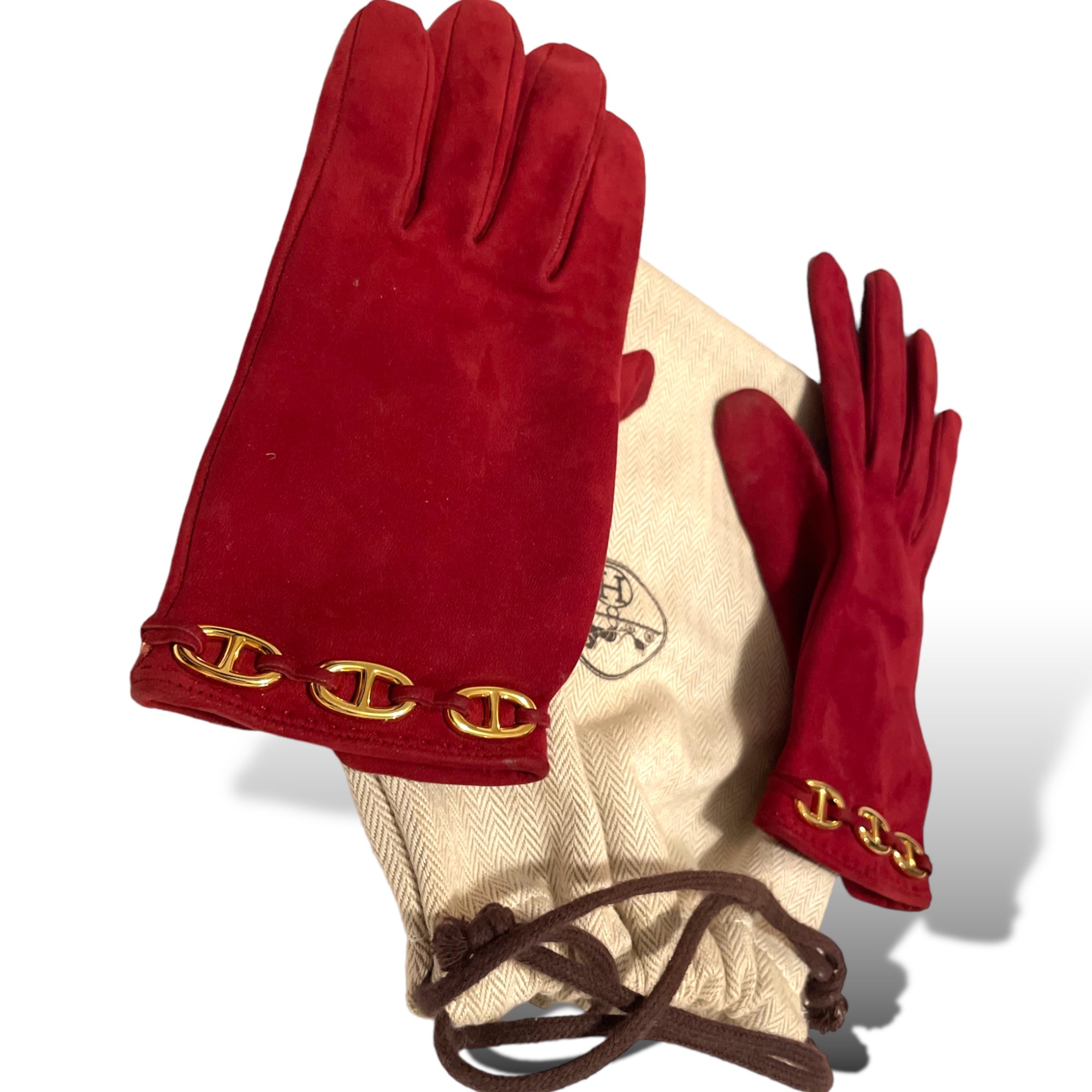 HERMÈS Link Vintage Dark Red Suede Gloves |Size: 7|