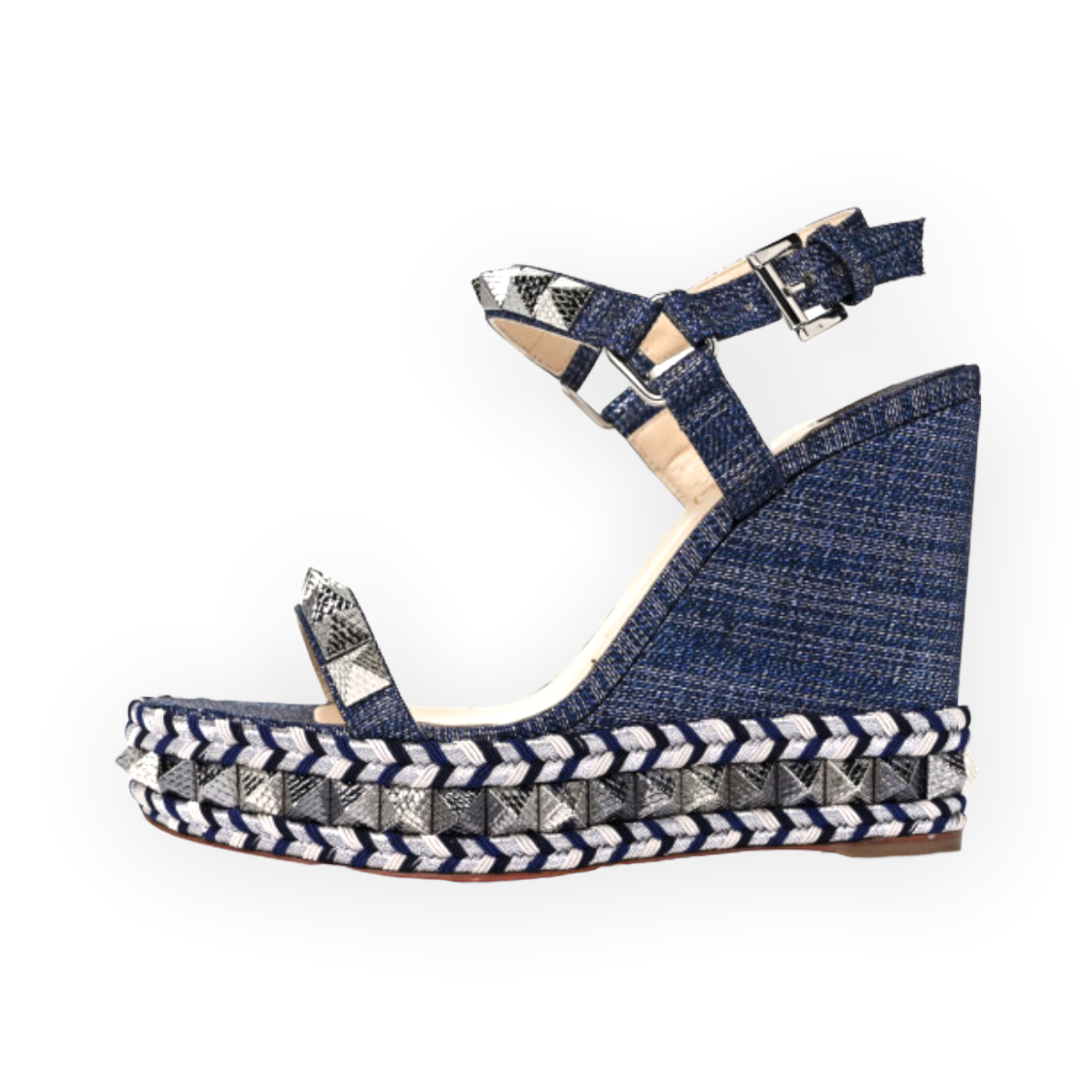 CHRISTIAN LOUBOUTIN Denim Lame Lux Pyraclou 110 Wedge Sandals |Size: 39|