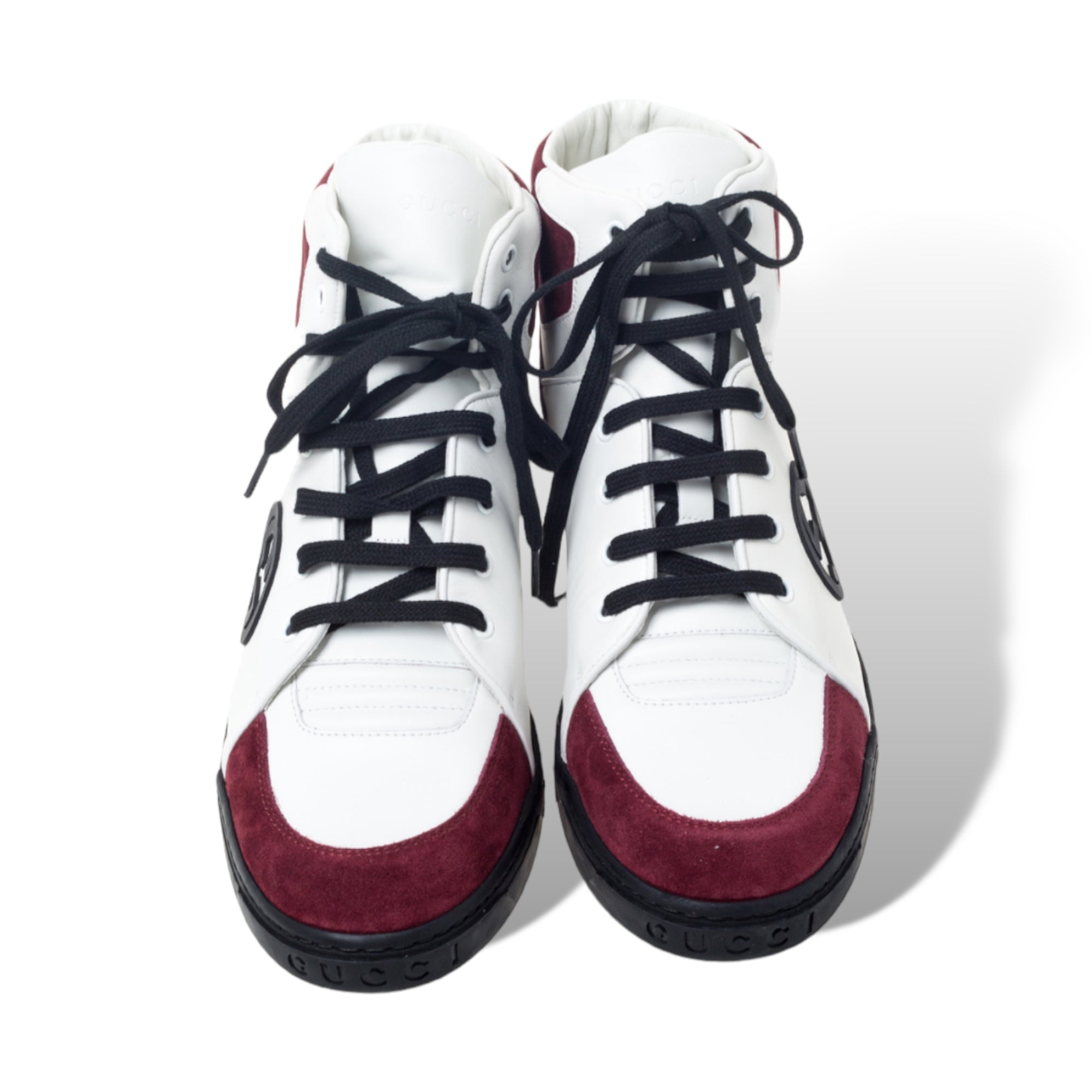 GUCCI Mens Burgundy/White Leather GG Interlocking Logo High Top Sneakers |10.5|